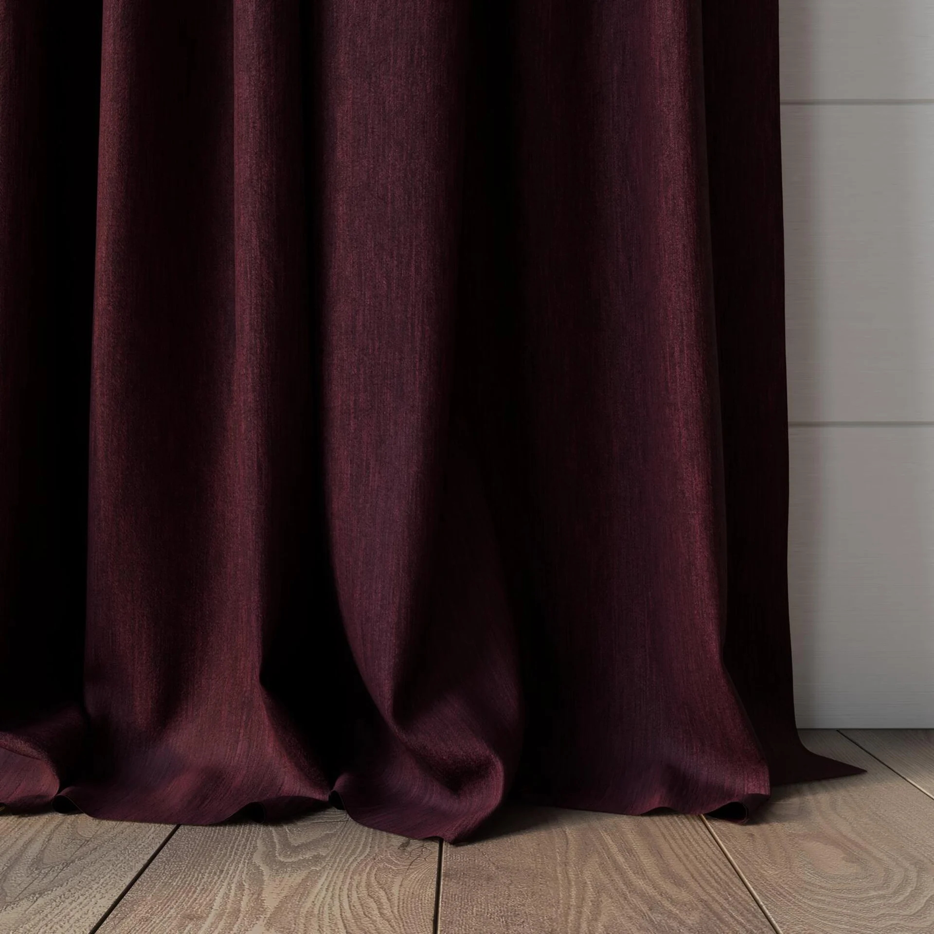 Bottom view of Tuxedo Burgundy, puddled, on curtain rod