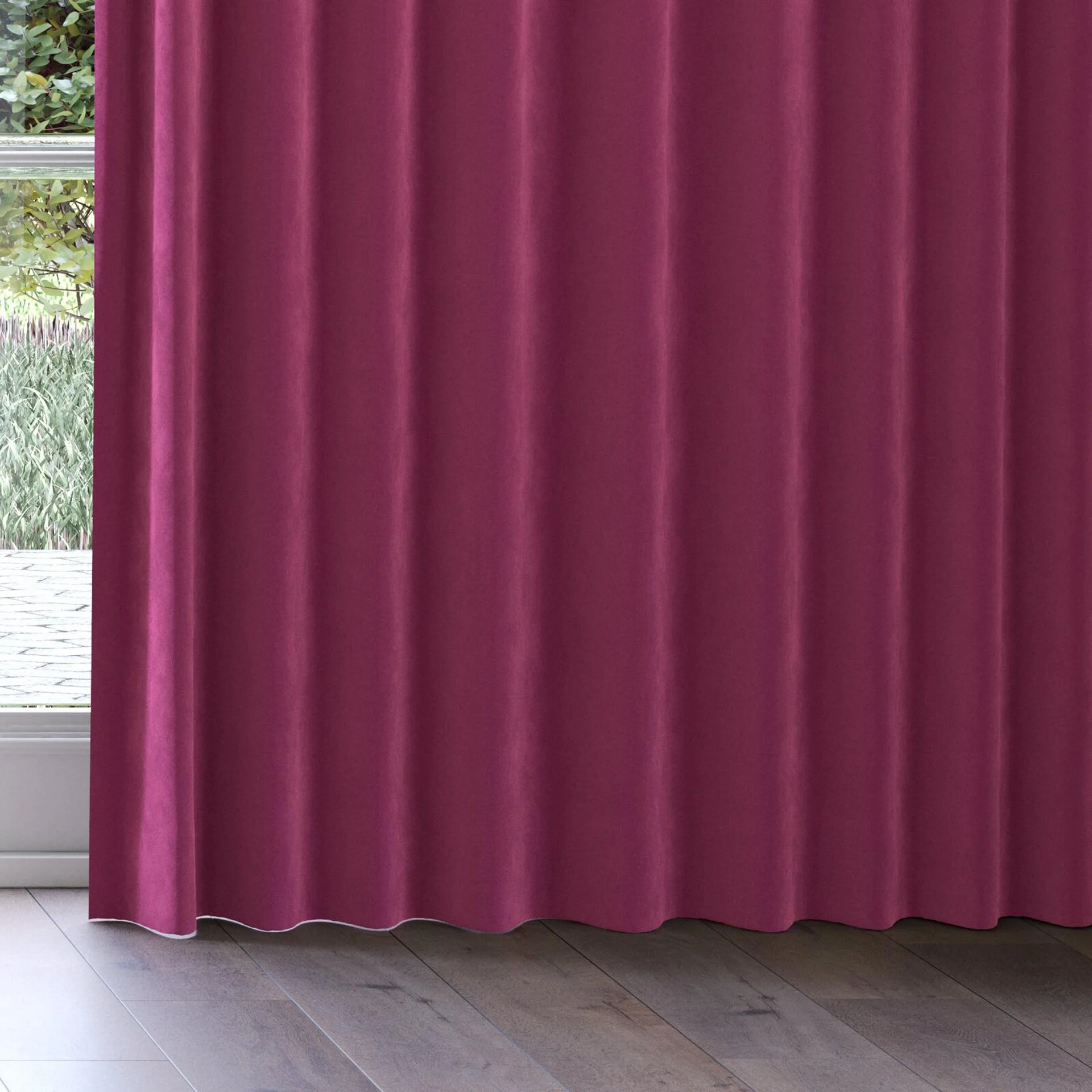 Bottom view of Lux Velvet Bordeaux 8603, on curtain rail