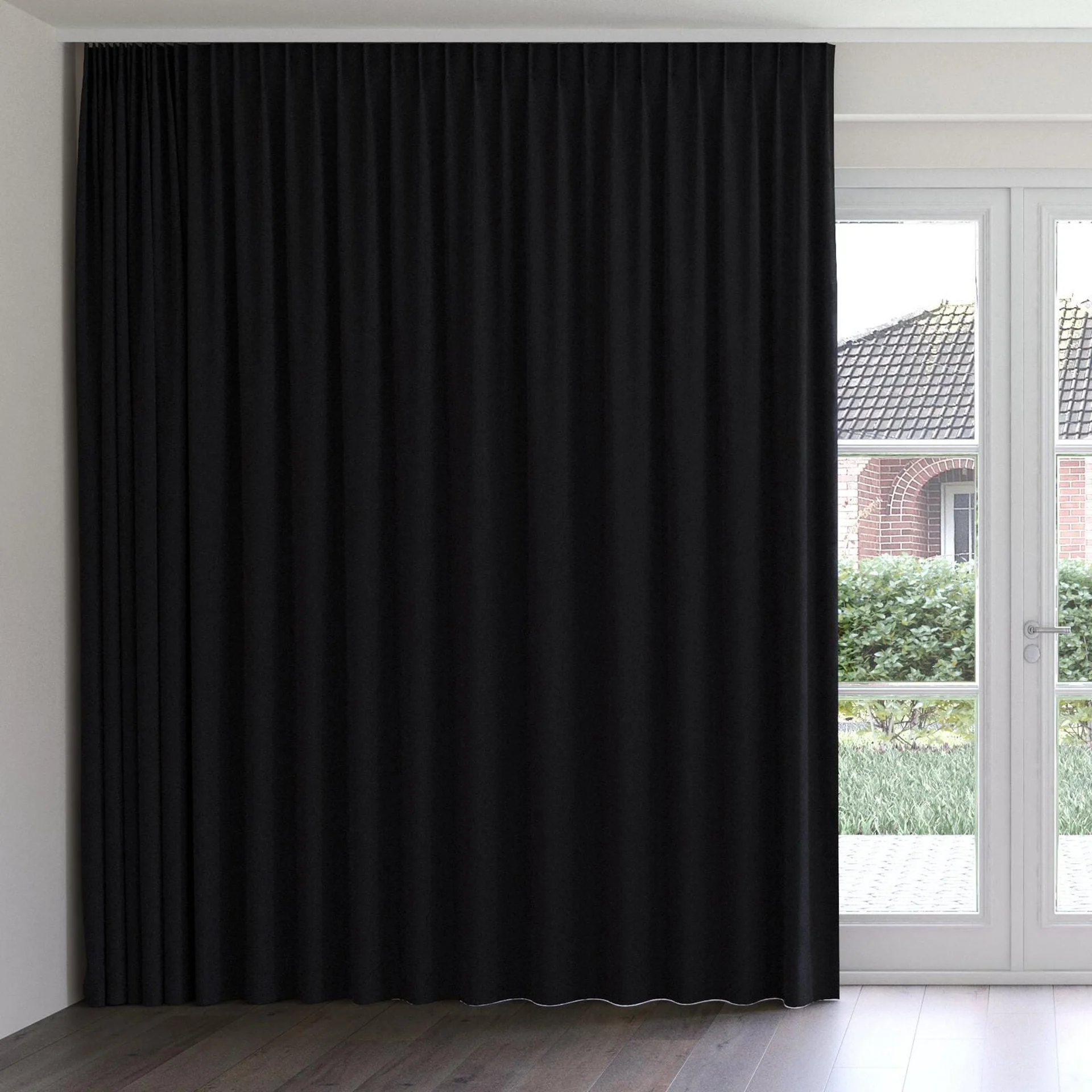 Front view of Lux Velvet Ebony 8702, on curtain rail