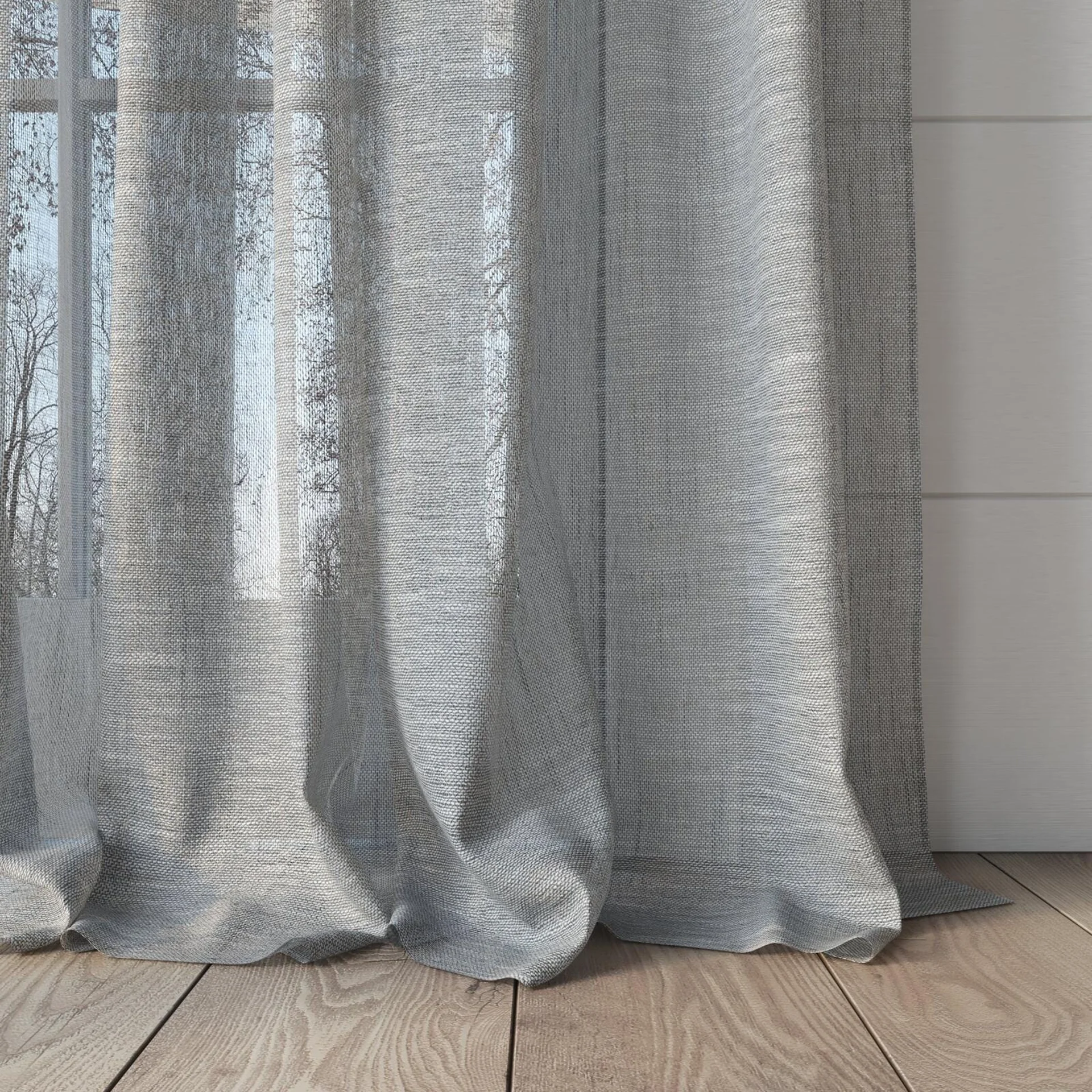 Bottom view of Drift Mist, puddled, on curtain rod