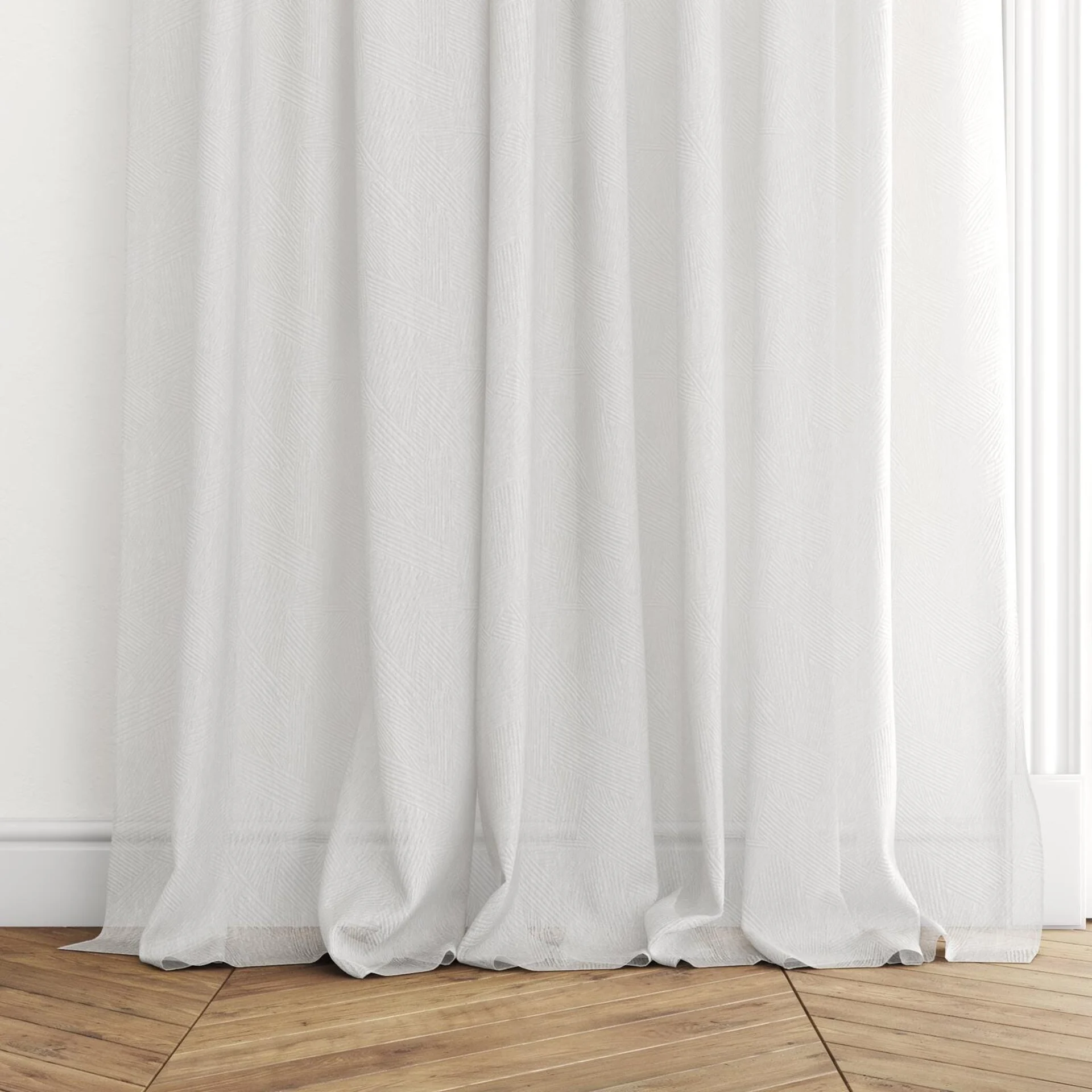 Bottom view of Refraction Natural, puddled with pinch pleat, on curtain rod