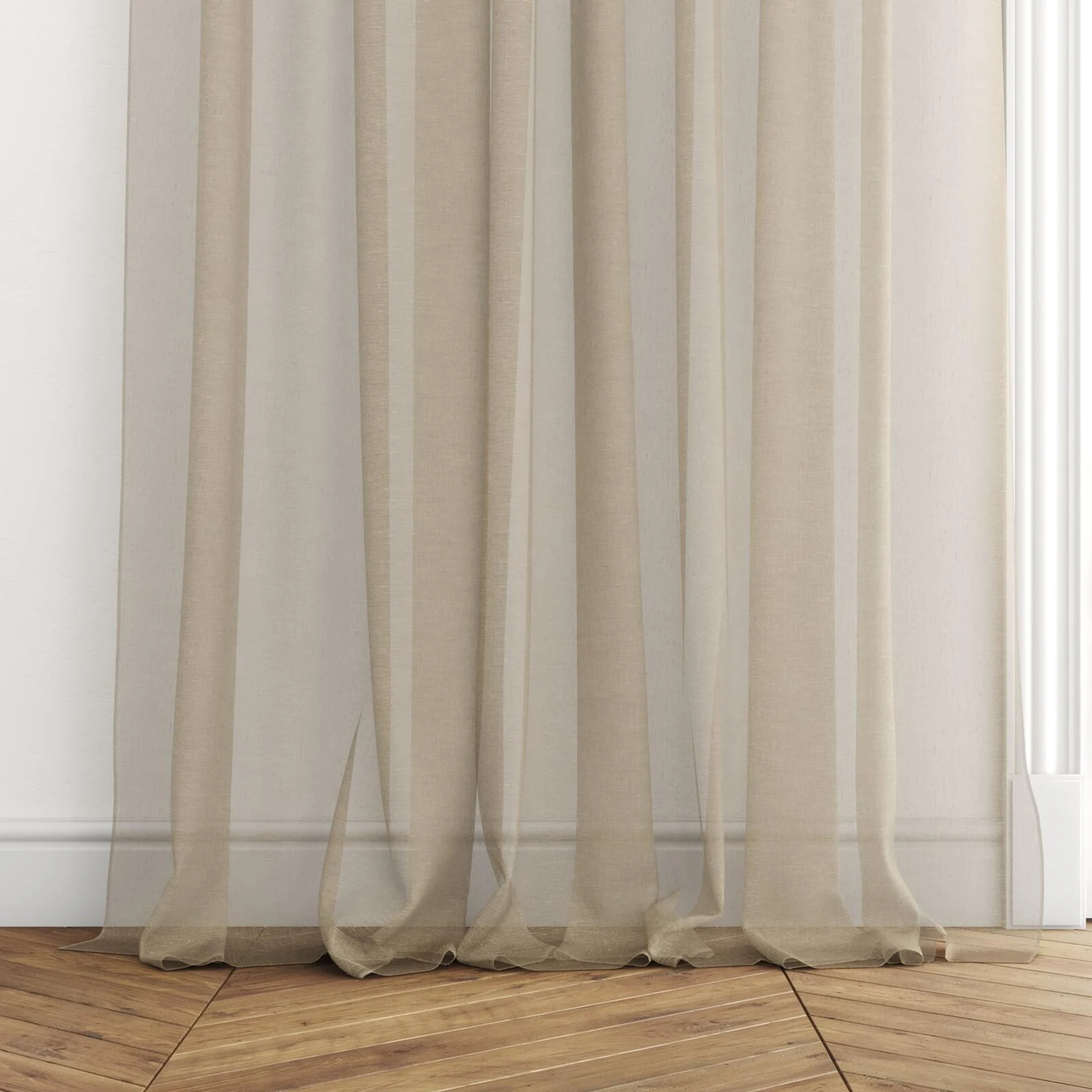 Bottom view of Rhyme Sand, puddled with pinch pleat, on curtain rod