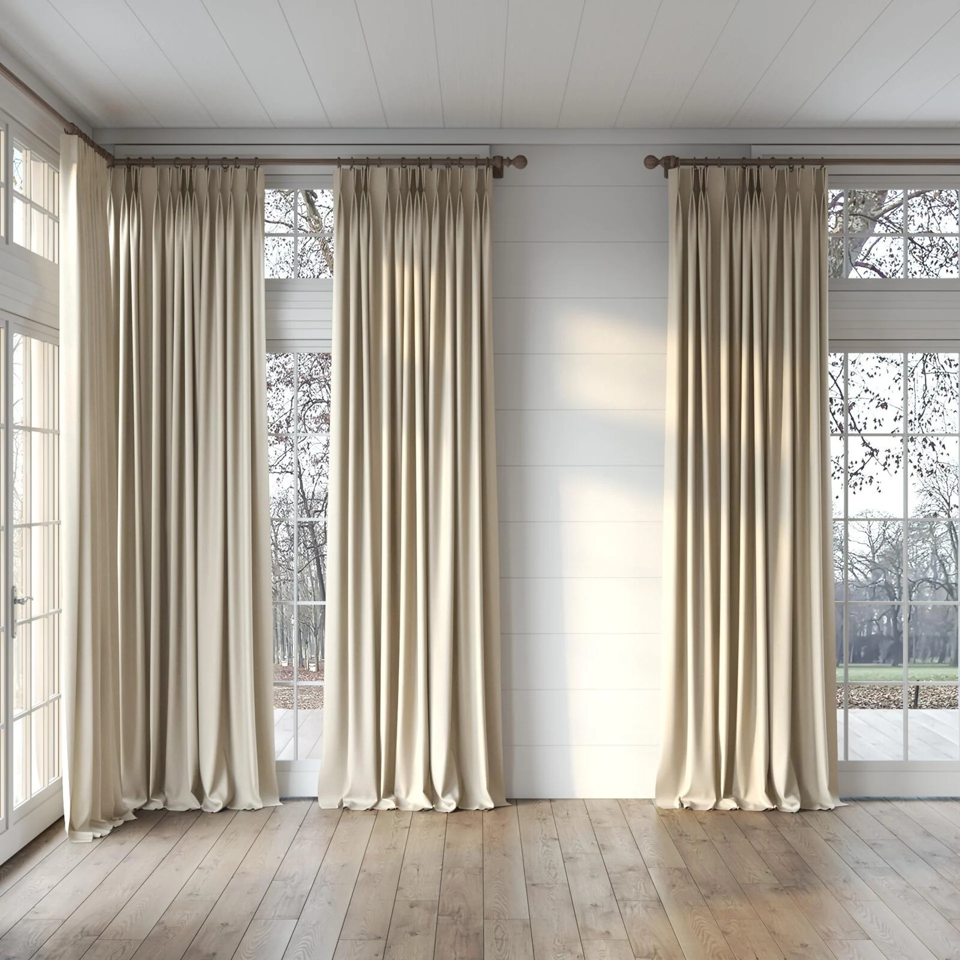 Full view of Re-New Natural, puddled, on curtain rod