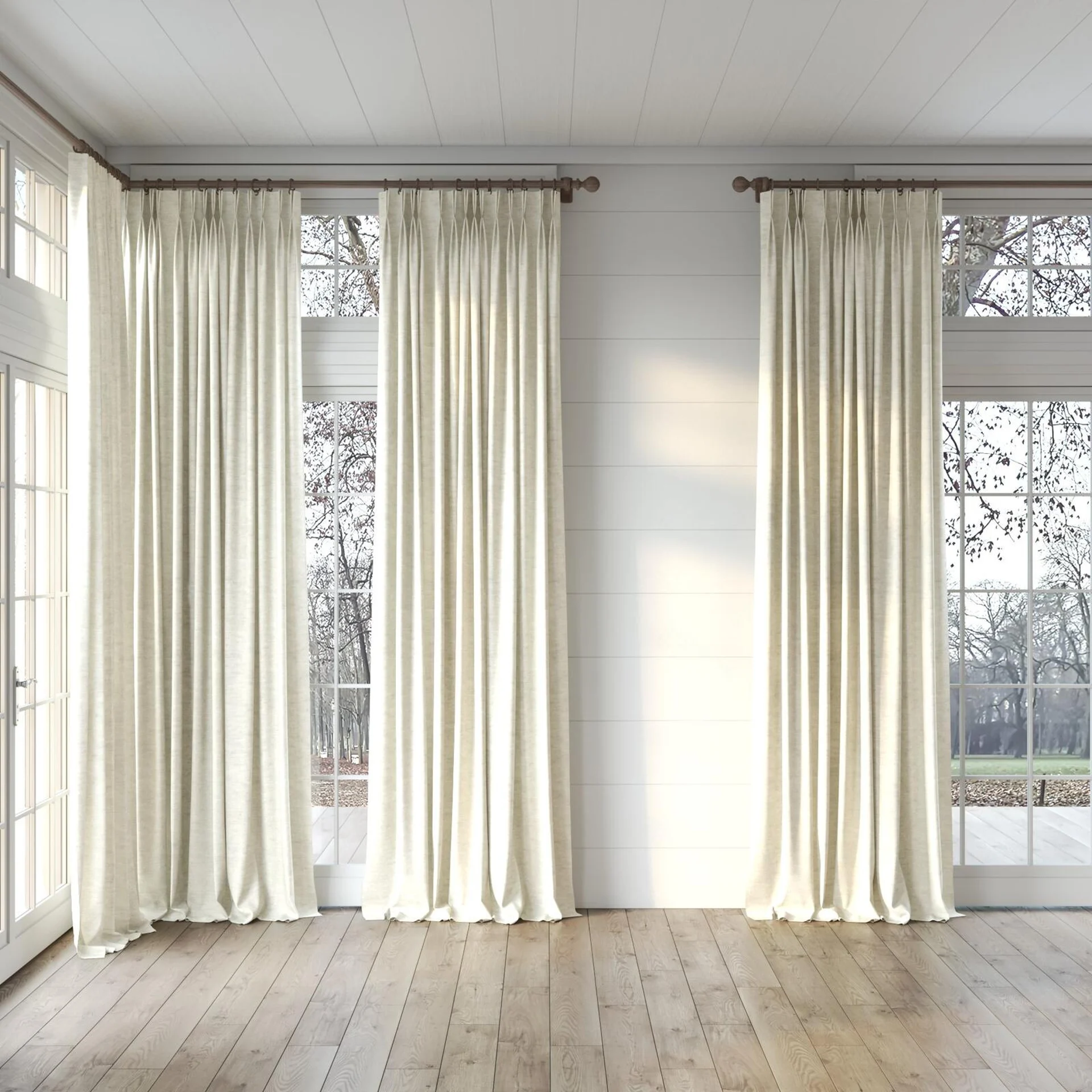 Full view of Venus Champagne, puddled, on curtain rod