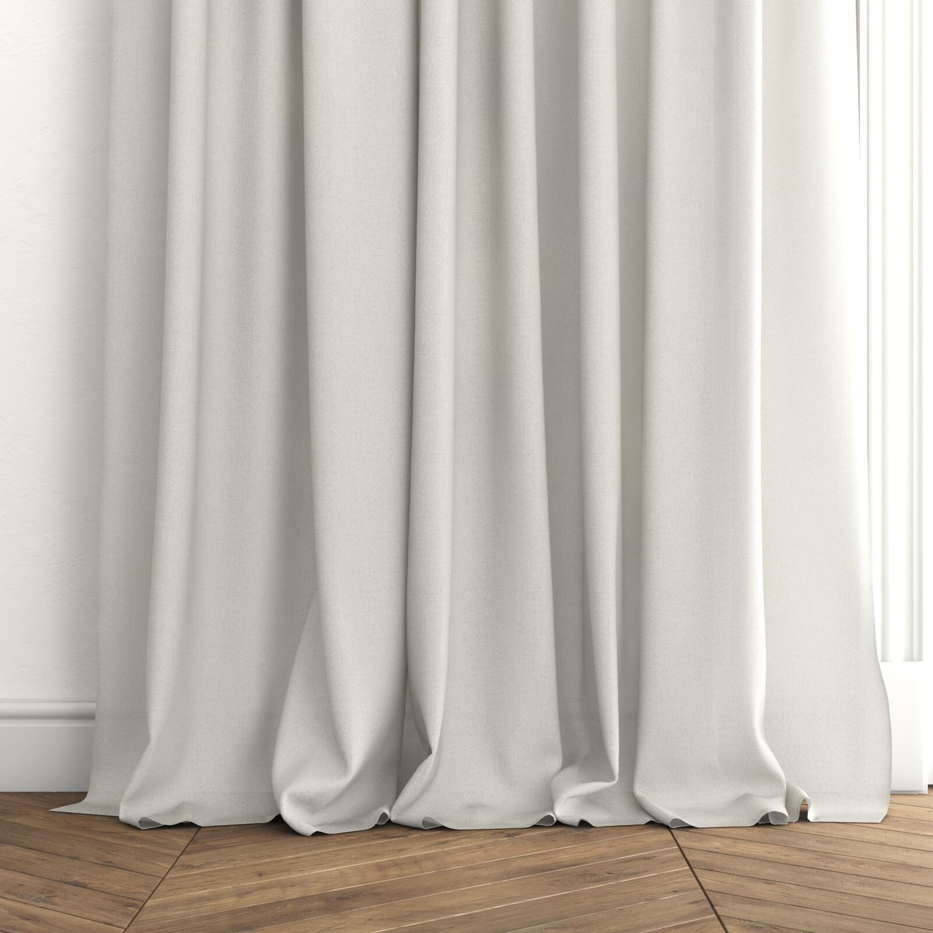 Bottom view of Rava Ivory, puddled with pinch pleat, on curtain rod