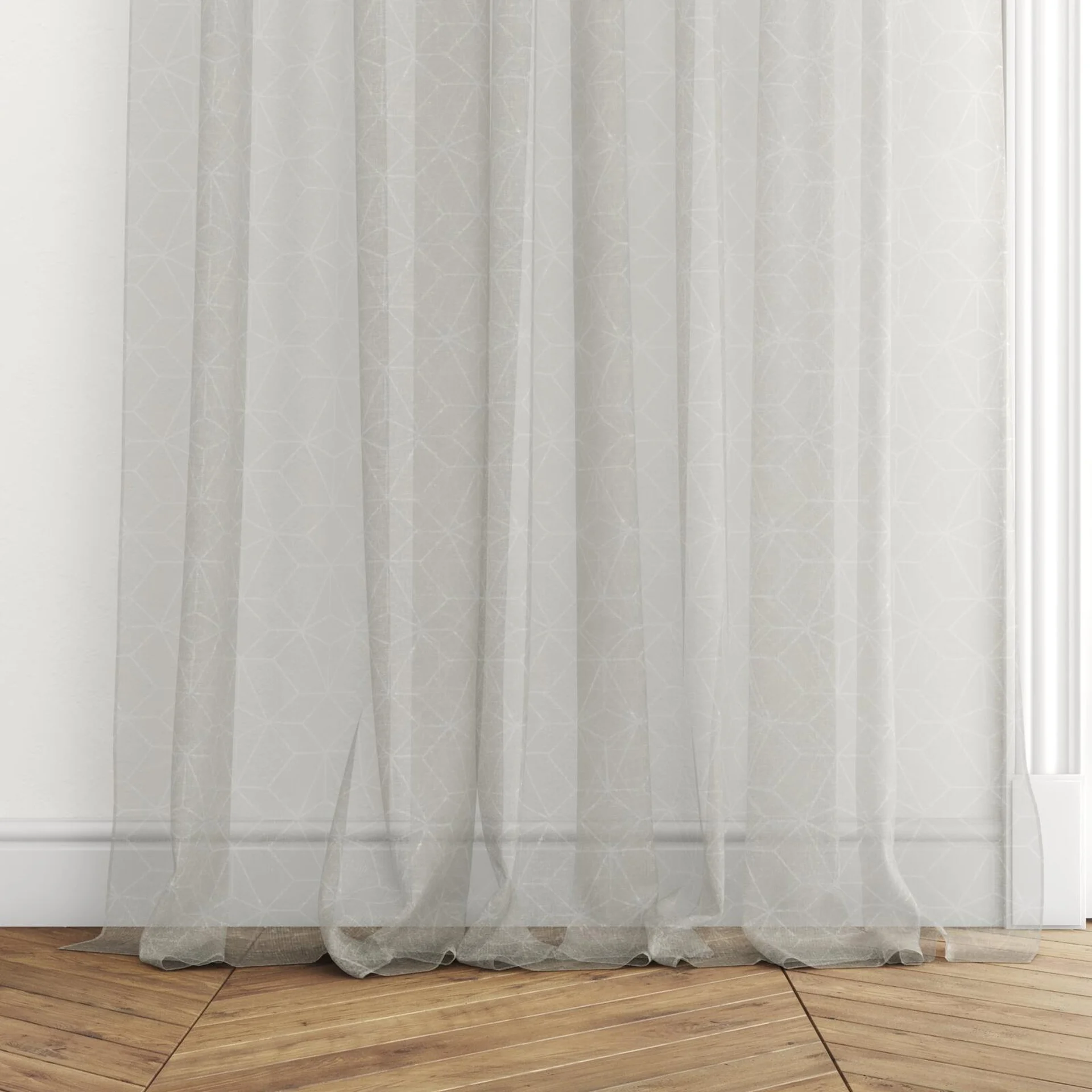 Bottom view of Alassio Linen, puddled with pinch pleat, on curtain rod