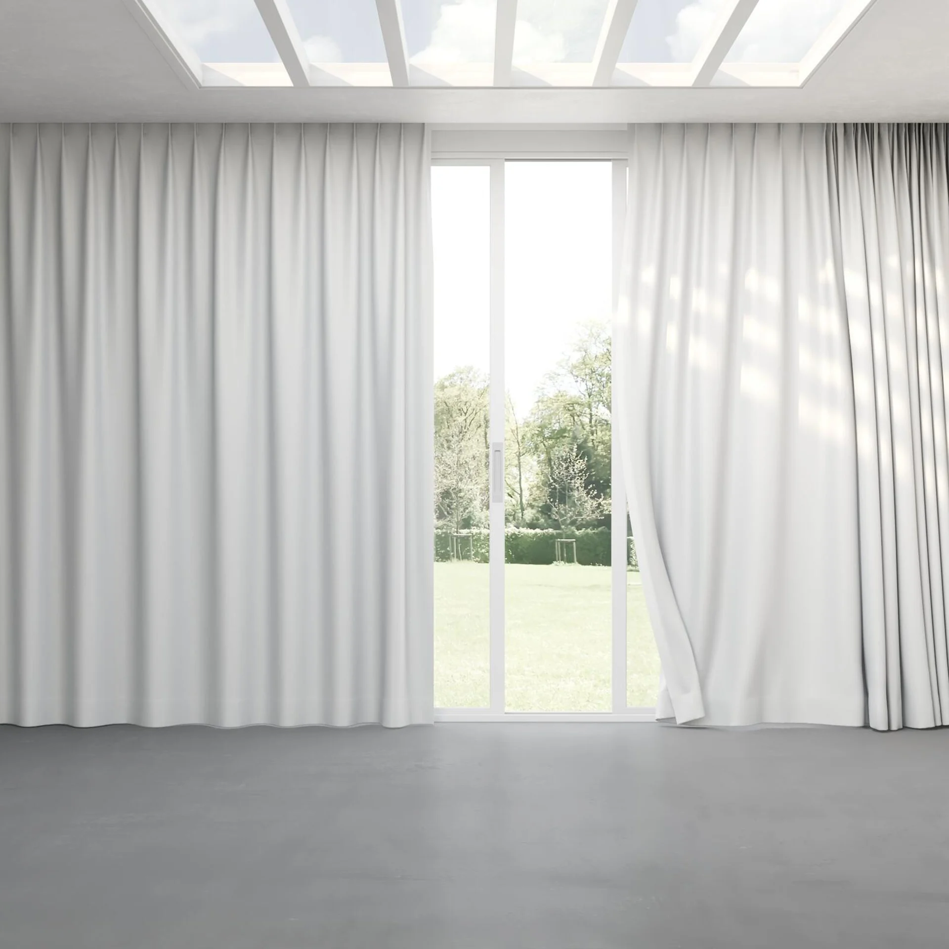 Full view of Stellar Blackout Fog, pinch pleat