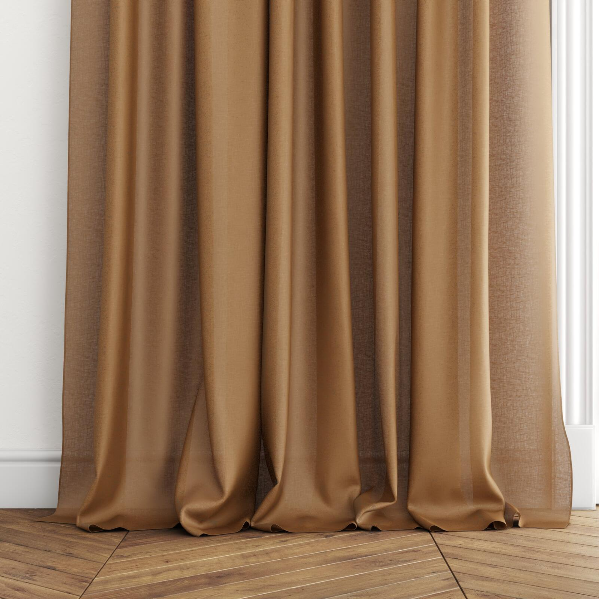 Bottom view of Wategos Clay, puddled with pinch pleat, on curtain rod
