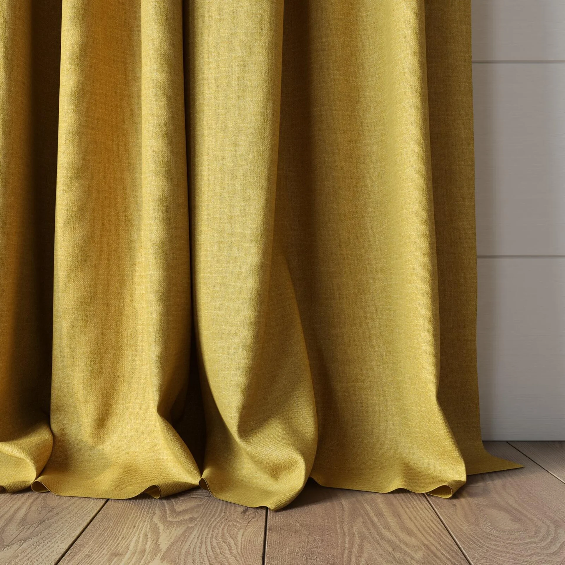 Bottom view of Casual Gold, puddled, on curtain rod