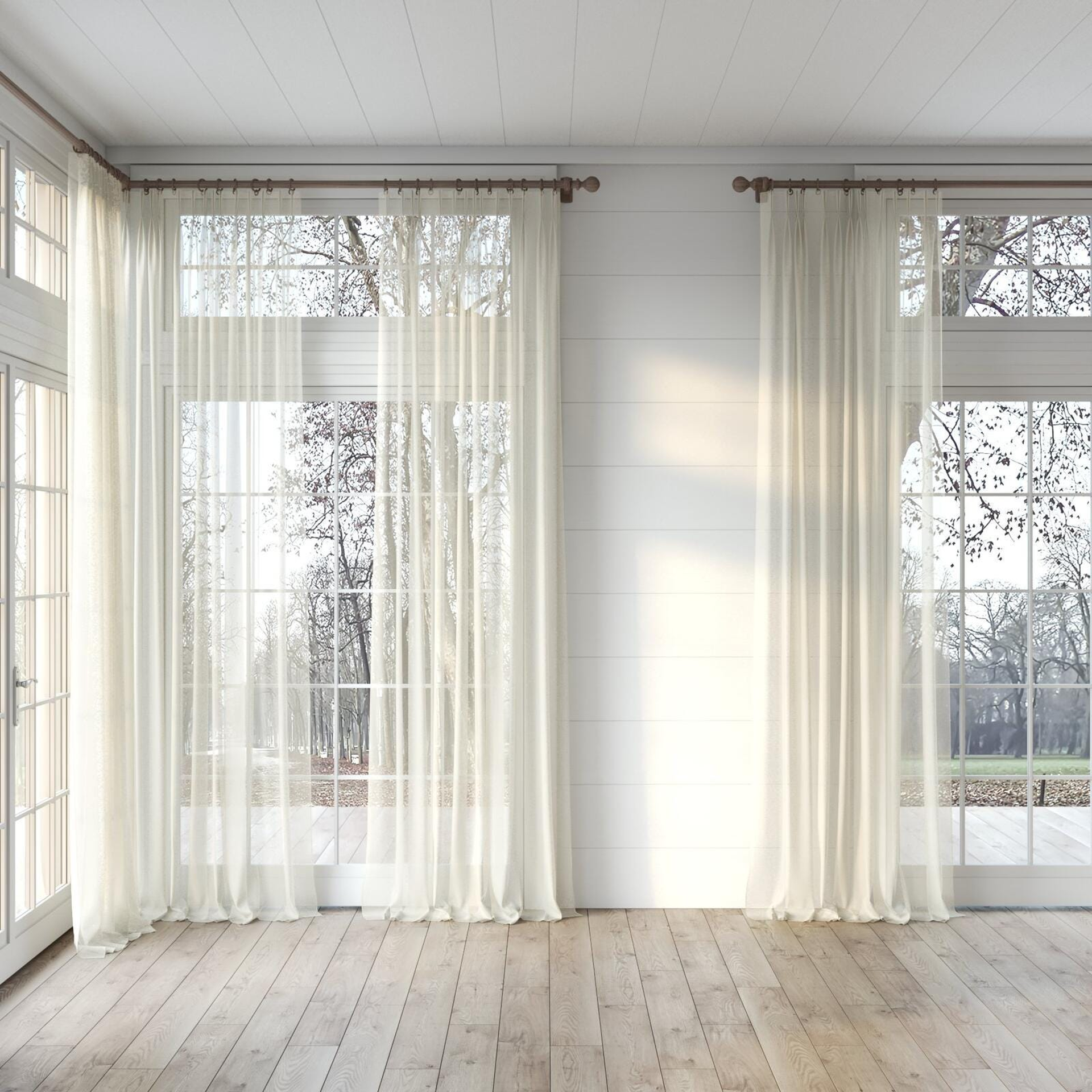 Full view of Sardinia Linen, puddled, on curtain rod