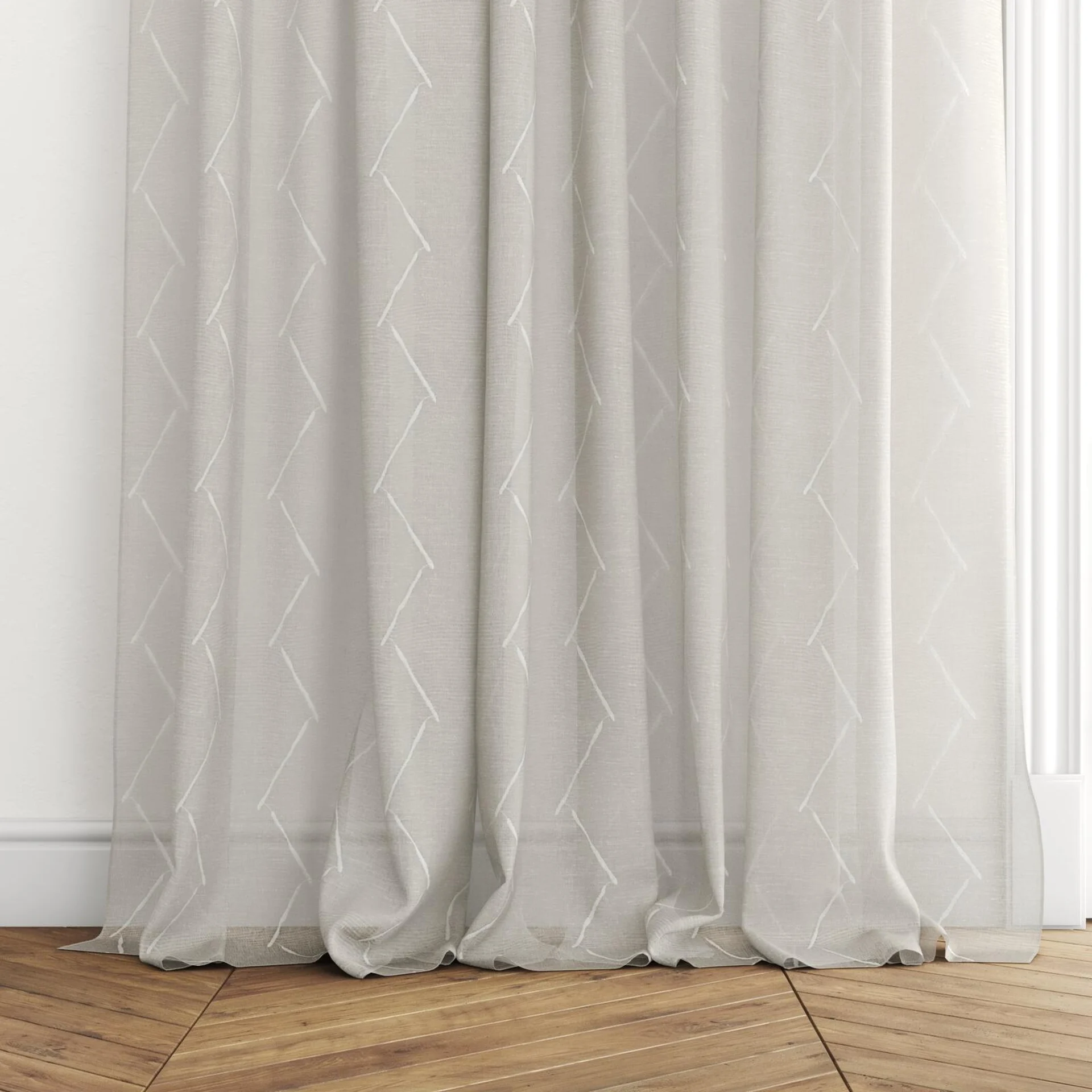 Bottom view of Freemans Birch, puddled with pinch pleat, on curtain rod