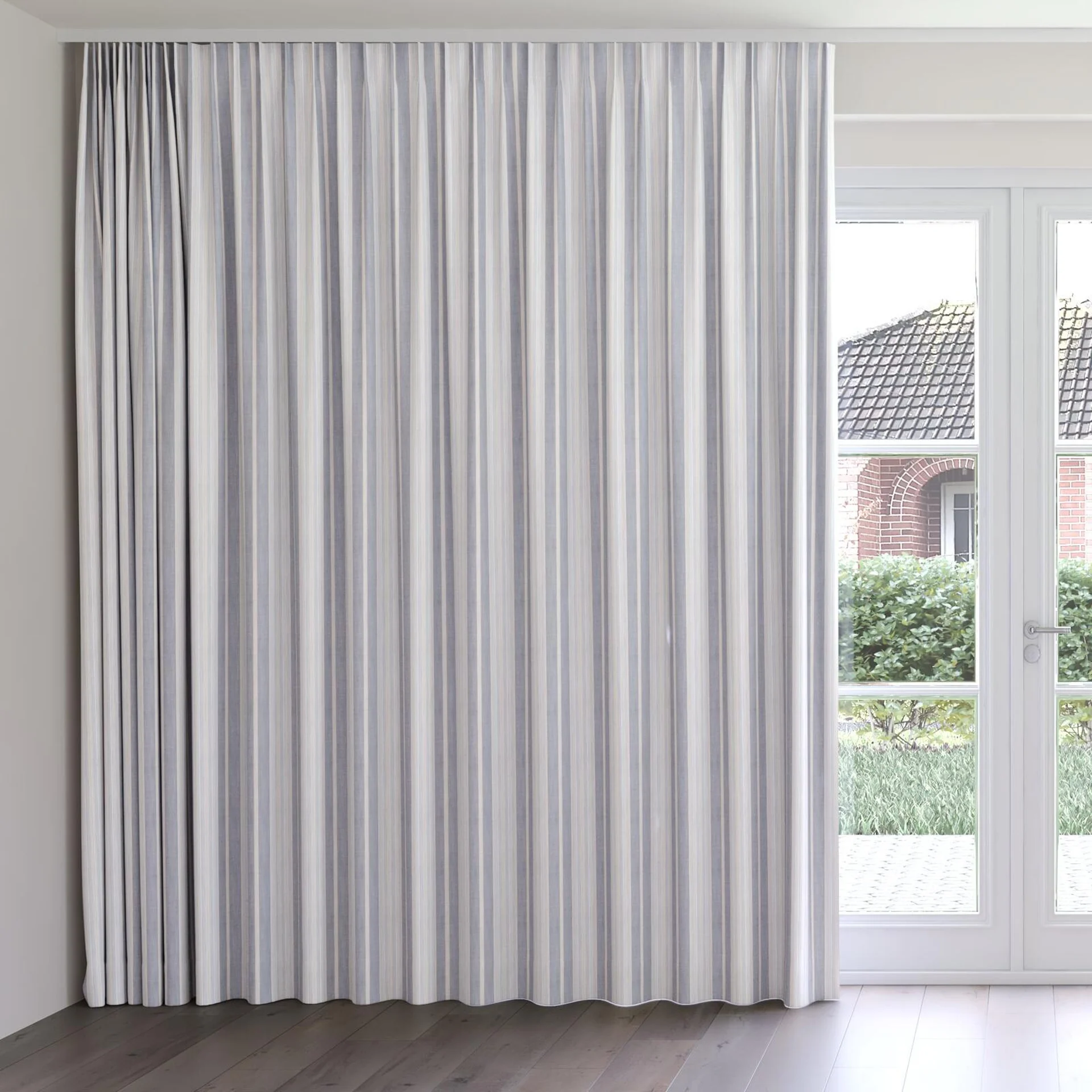 Front view of Chambray Multi Denim, on curtain rail