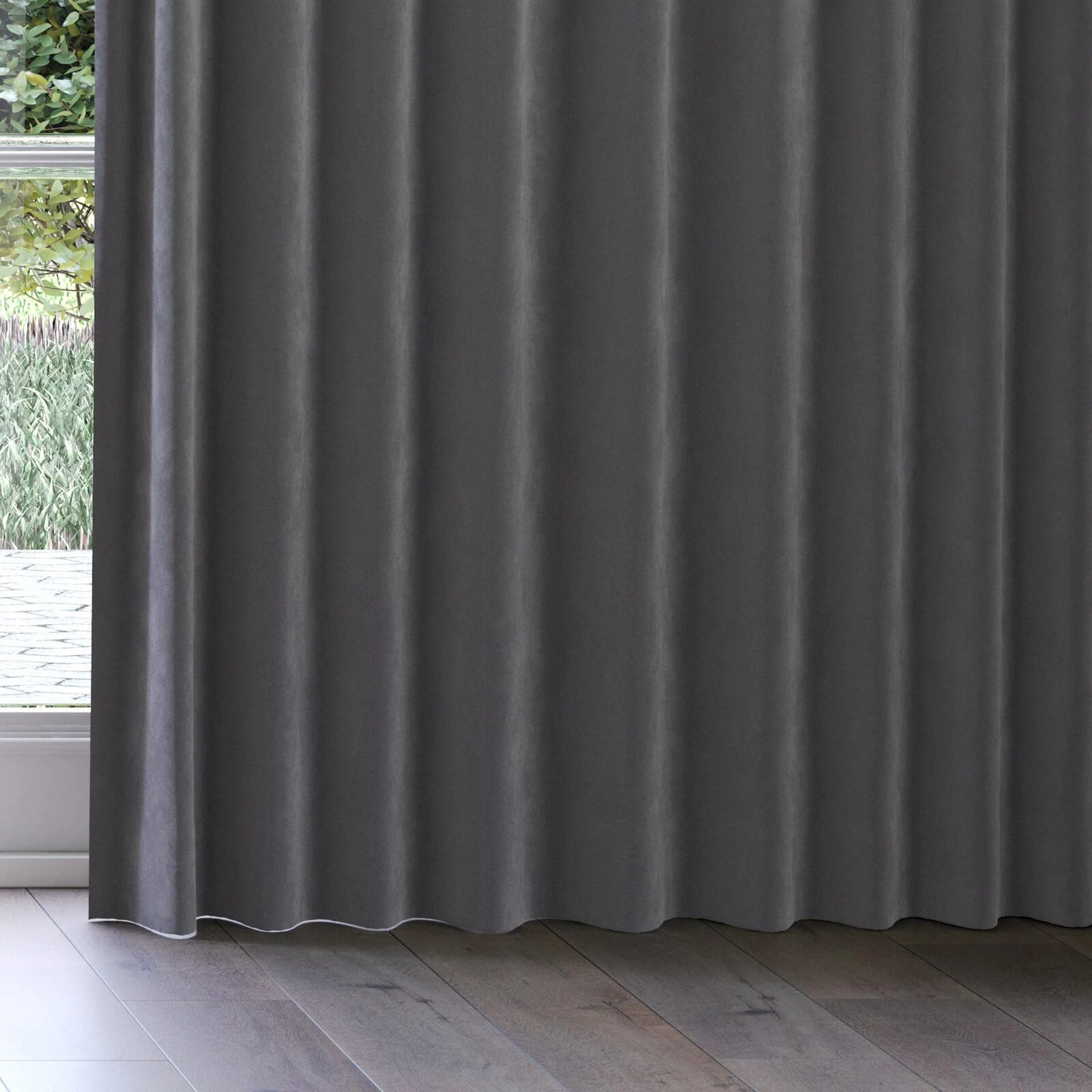 Bottom view of Lux Velvet Smoke 8703, on curtain rail