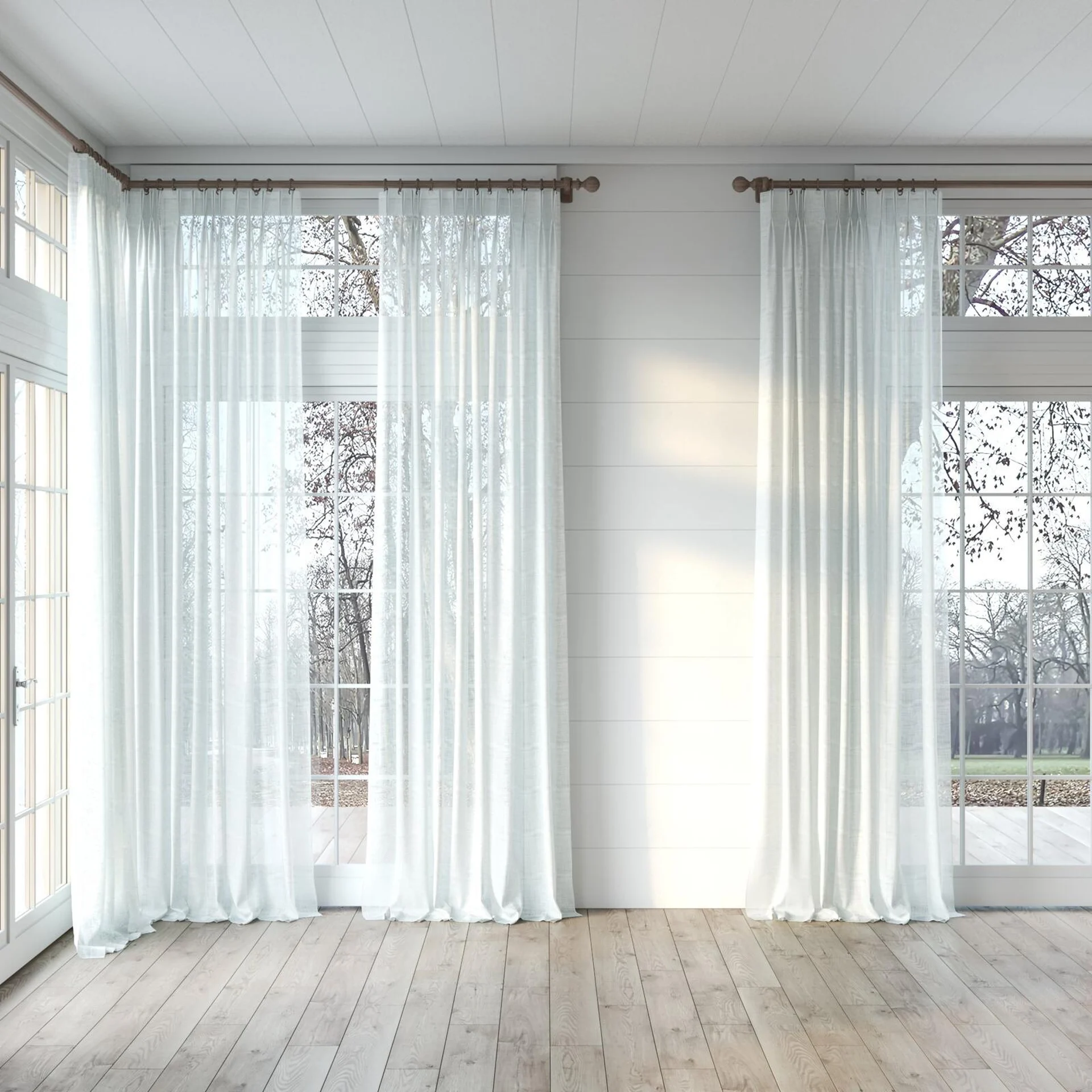 Full view of Verdant Wool, puddled, on curtain rod