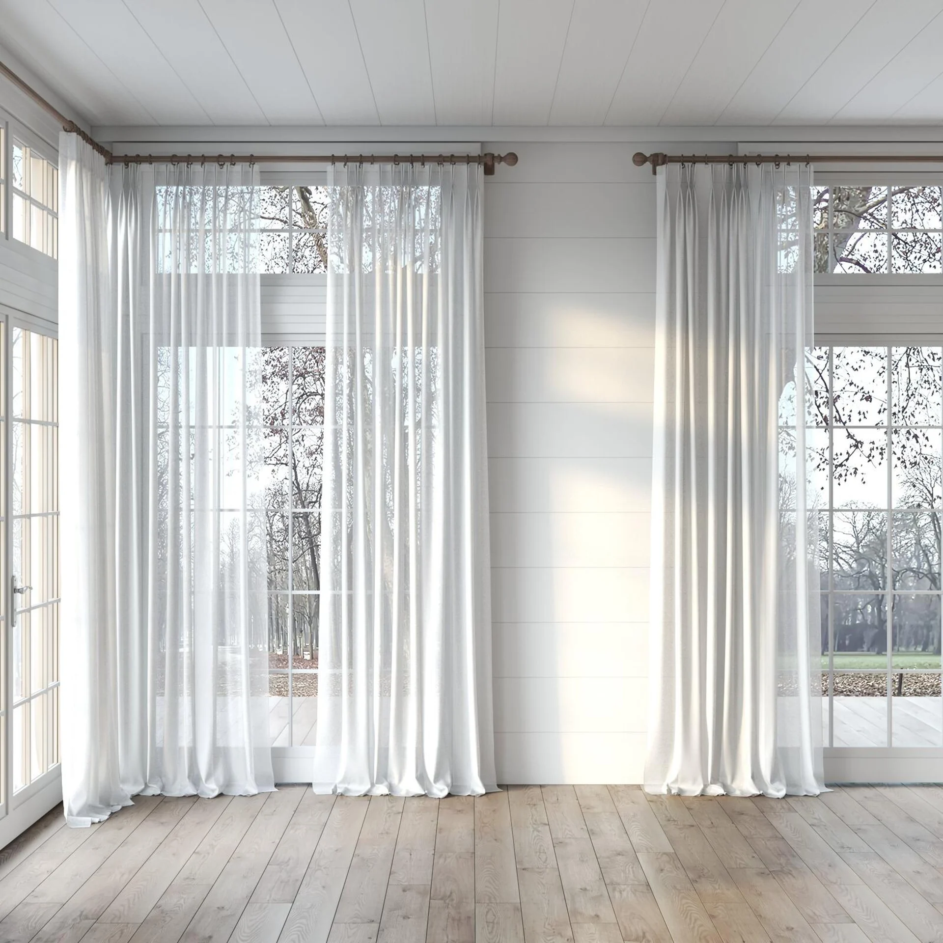 Full view of Sencha Dove, puddled, on curtain rod