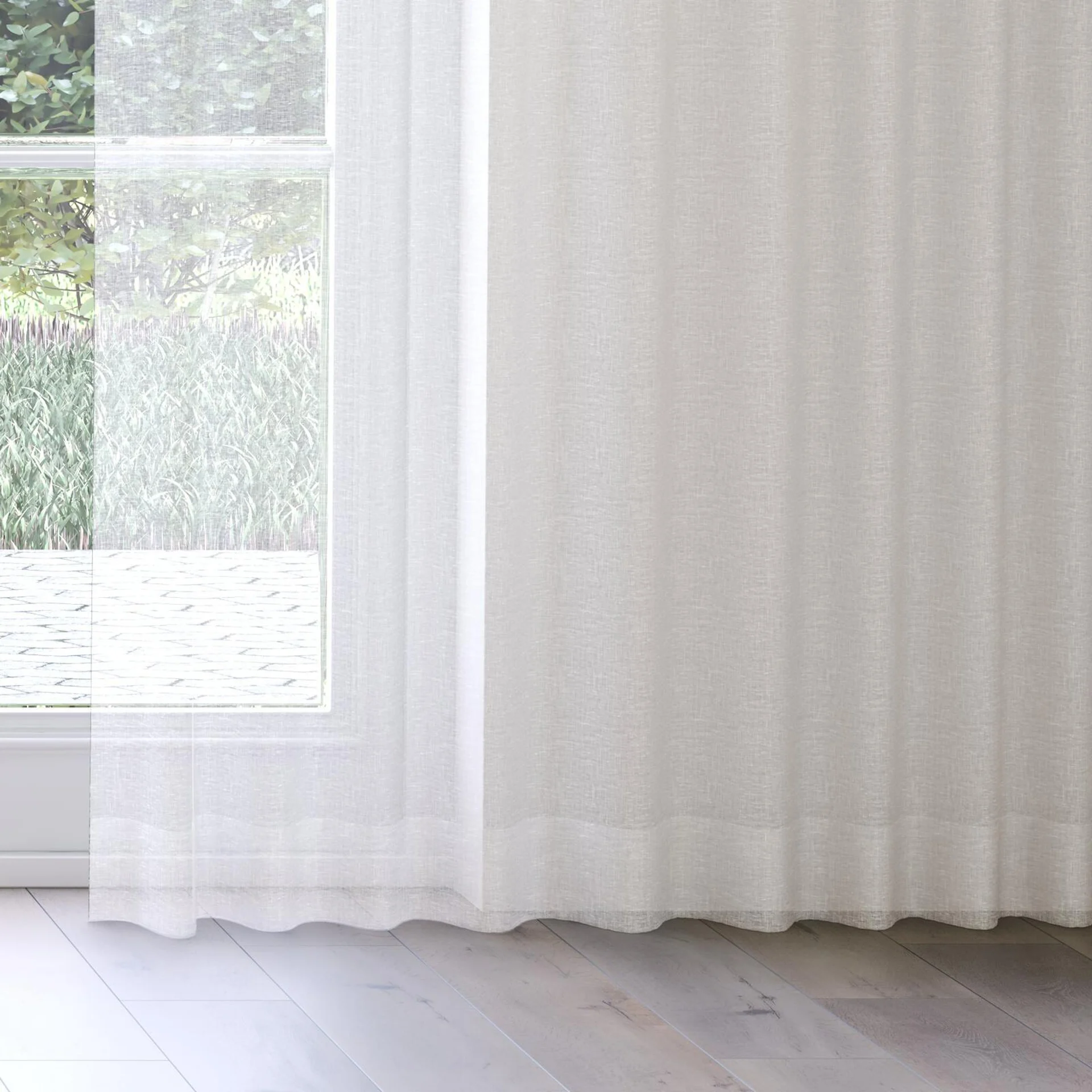Bottom view of Pure Linen Cream, on curtain rail