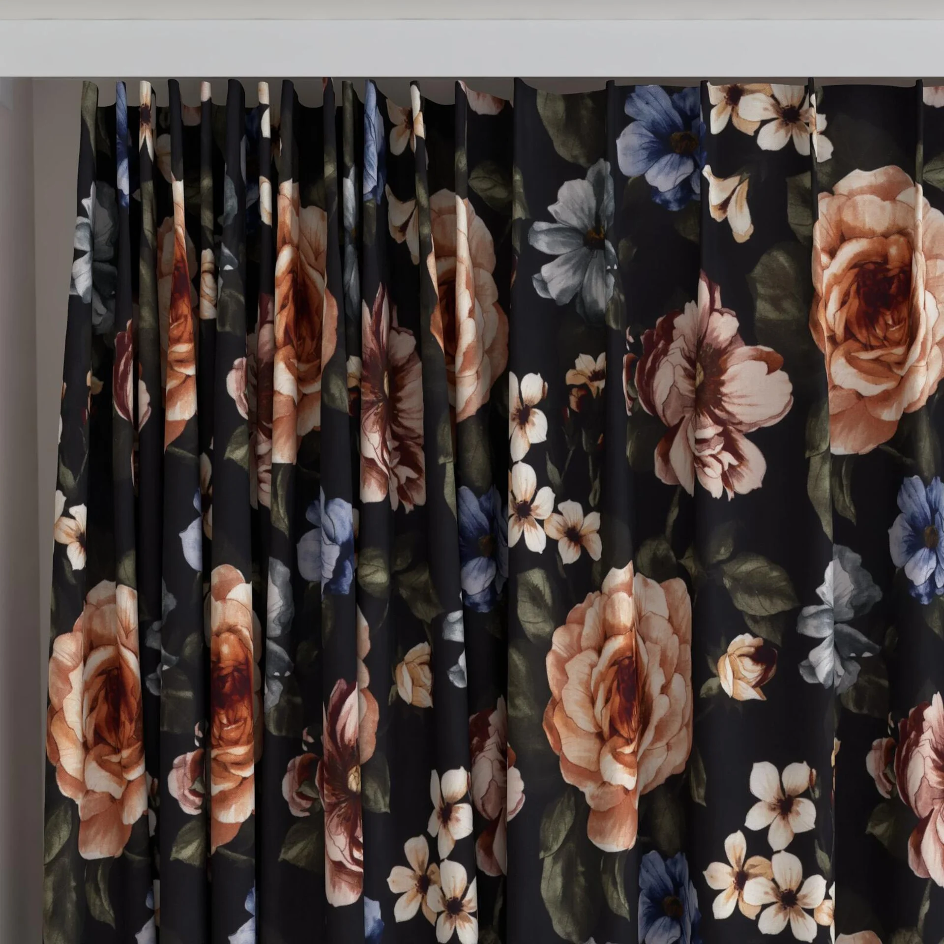 Top view of Miriam Midnight, on curtain rail
