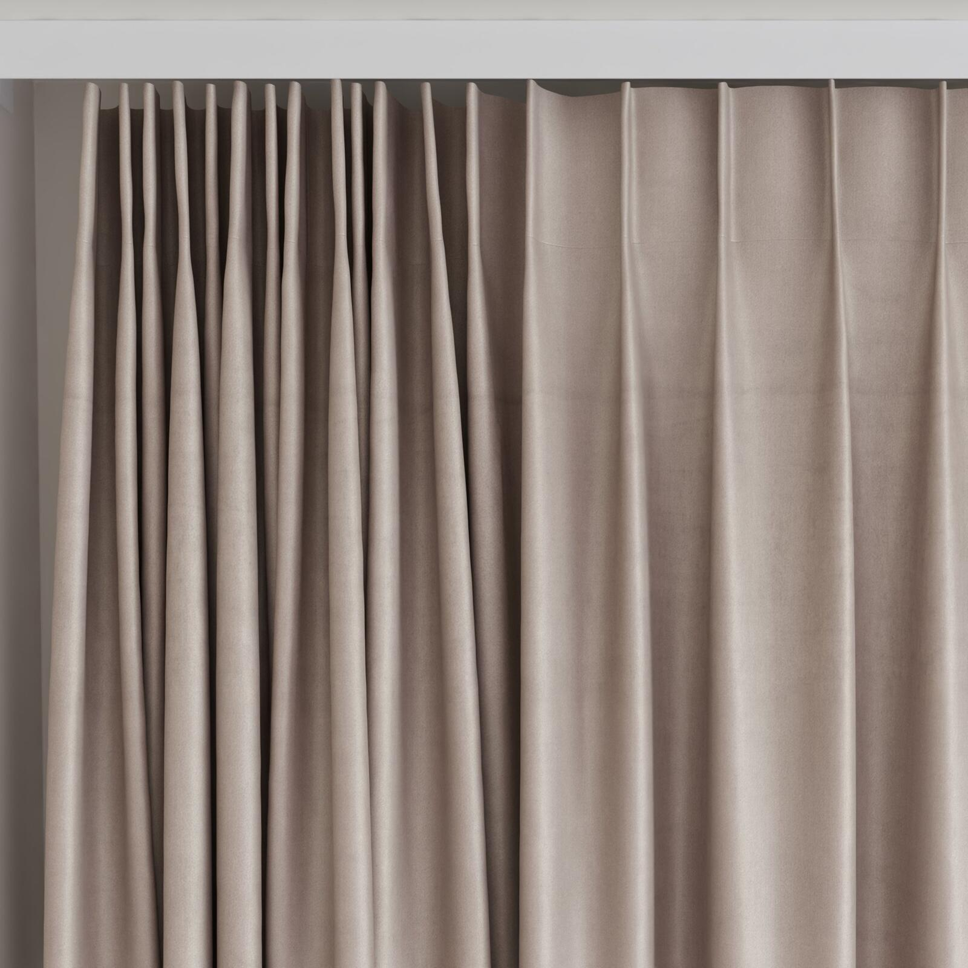 Top view of Warlock Taupe, on curtain rail