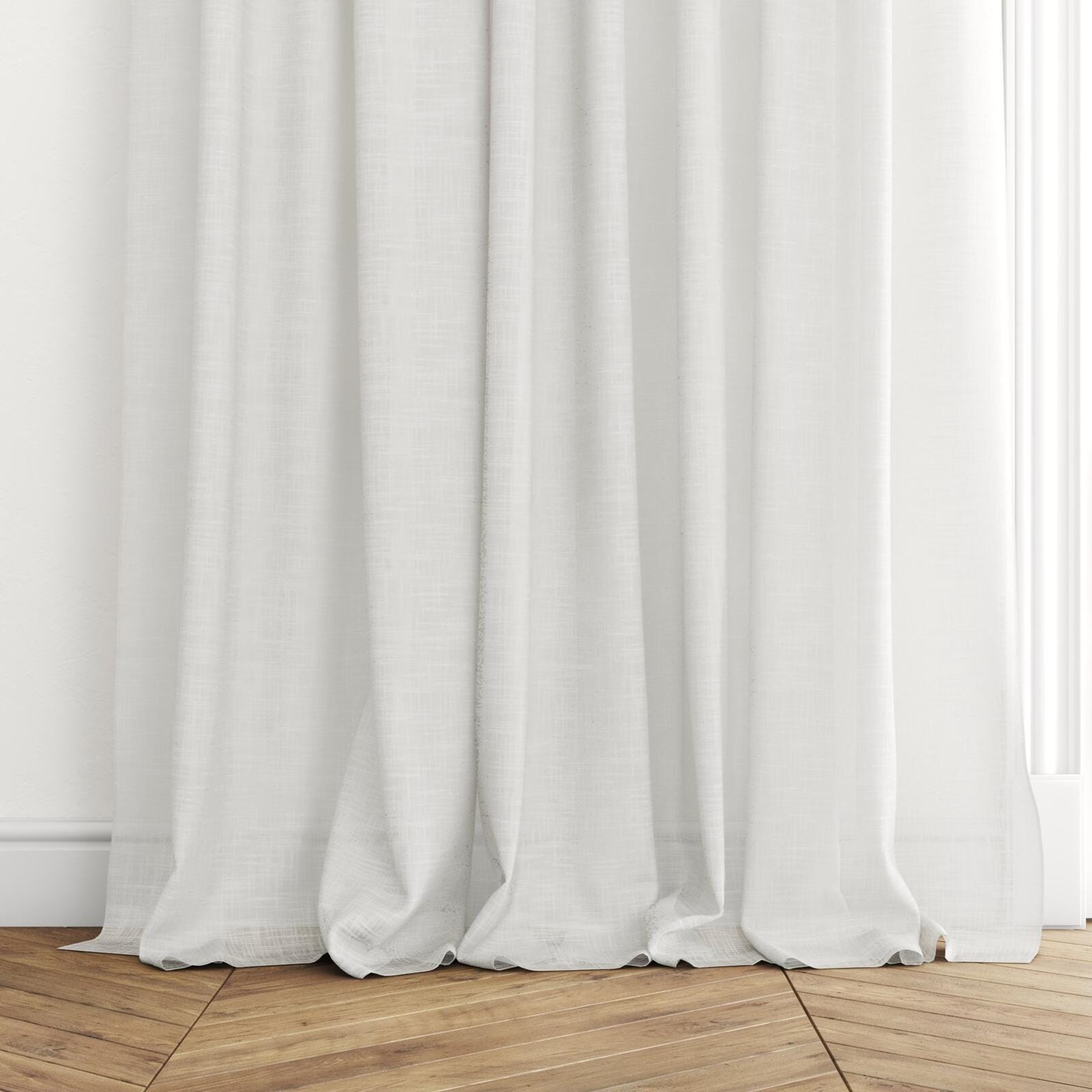 Bottom view of Savina Swan, puddled with pinch pleat, on curtain rod