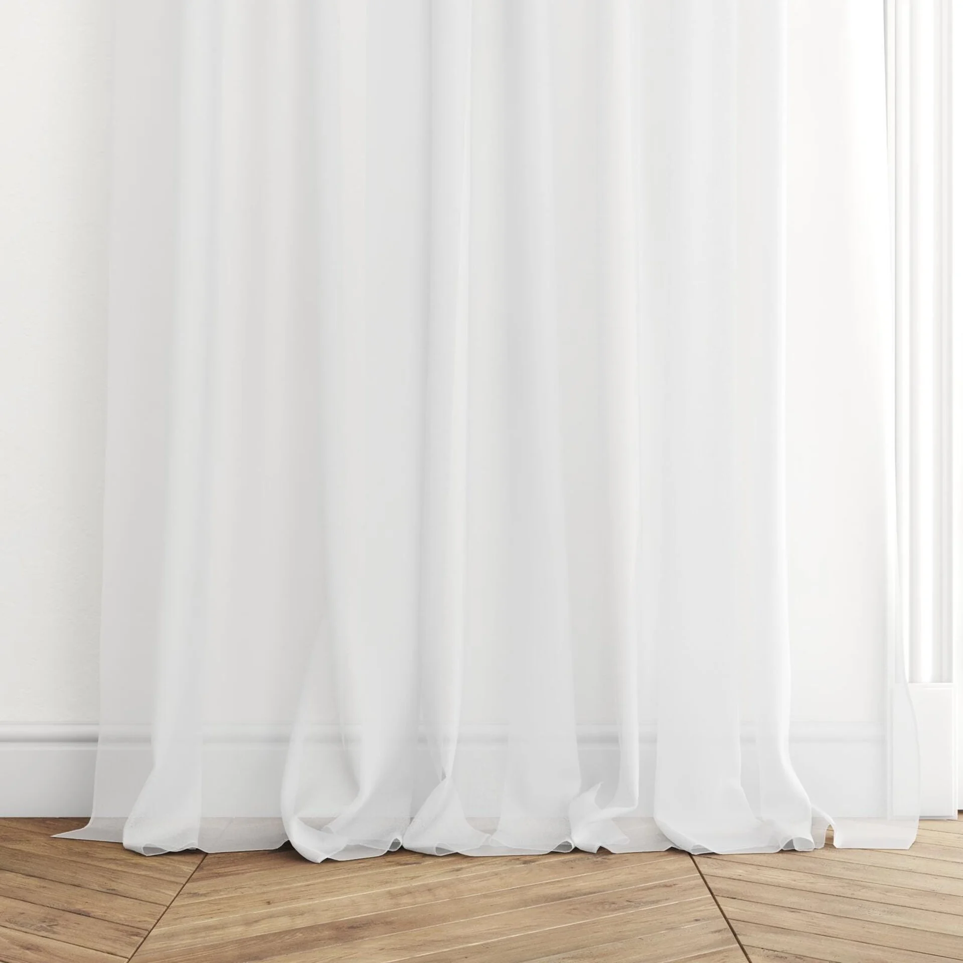 Bottom view of Zine Swan, puddled with pinch pleat, on curtain rod