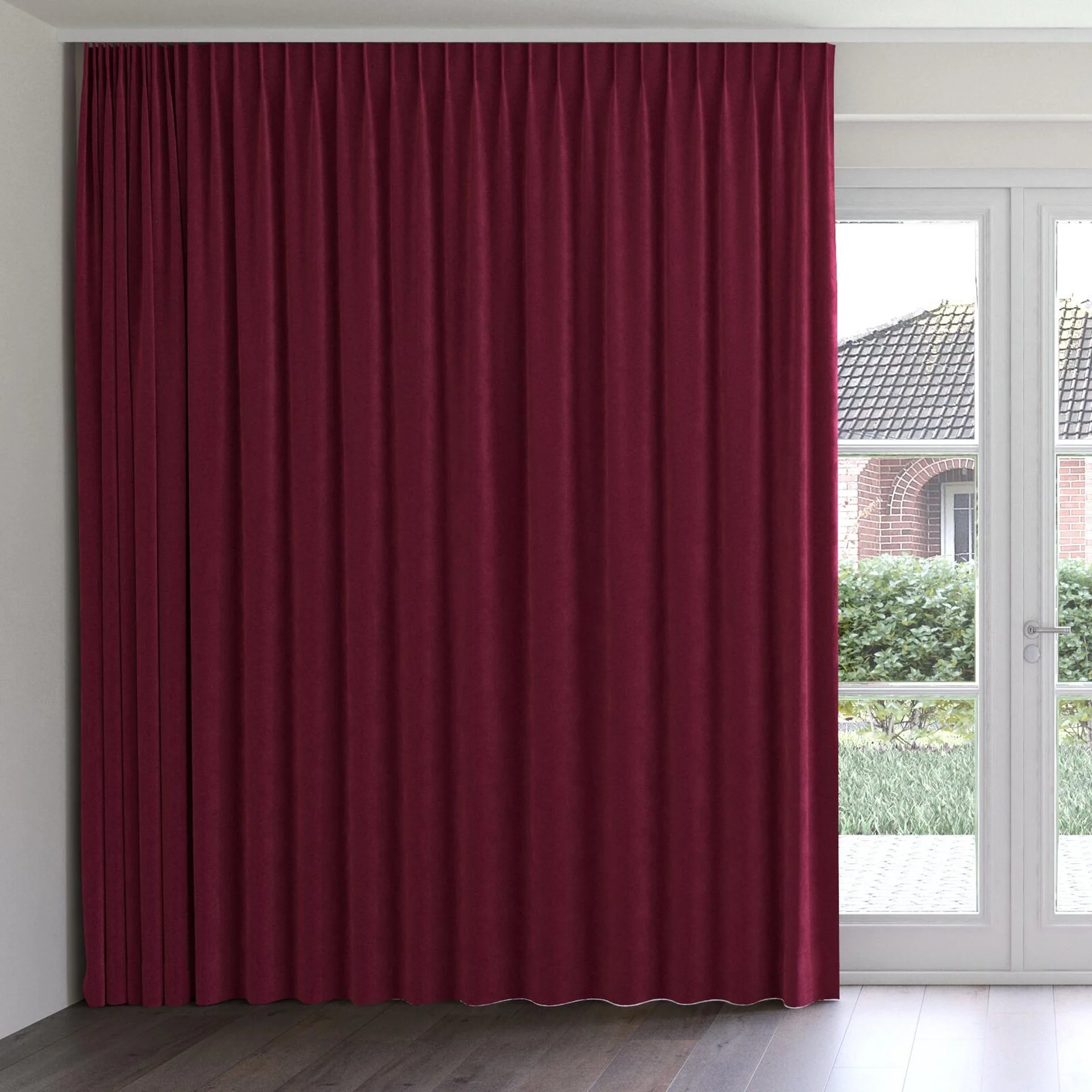 Front view of Lux Velvet Burgundy 10723, on curtain rail