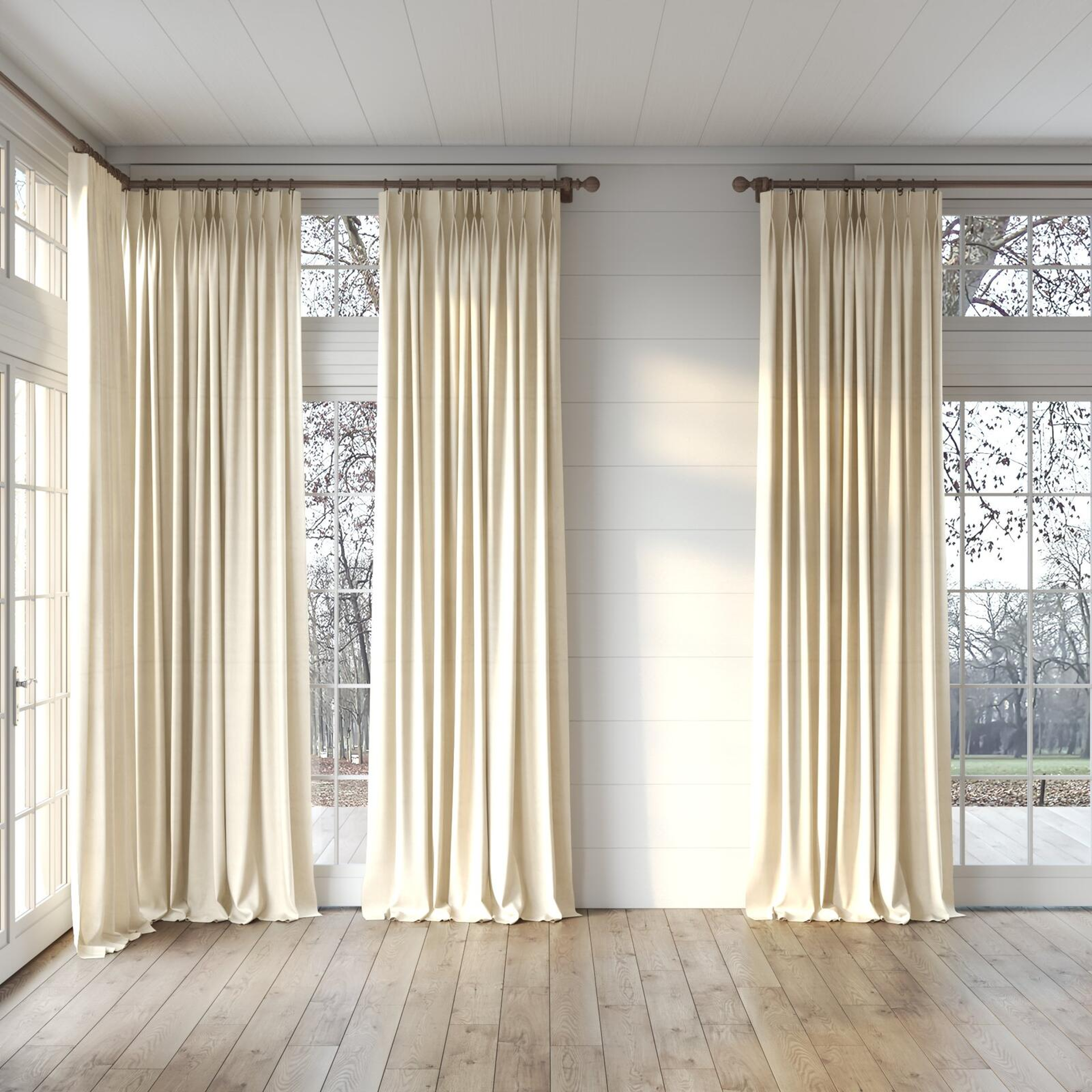 Full view of Warlock Beige, puddled, on curtain rod