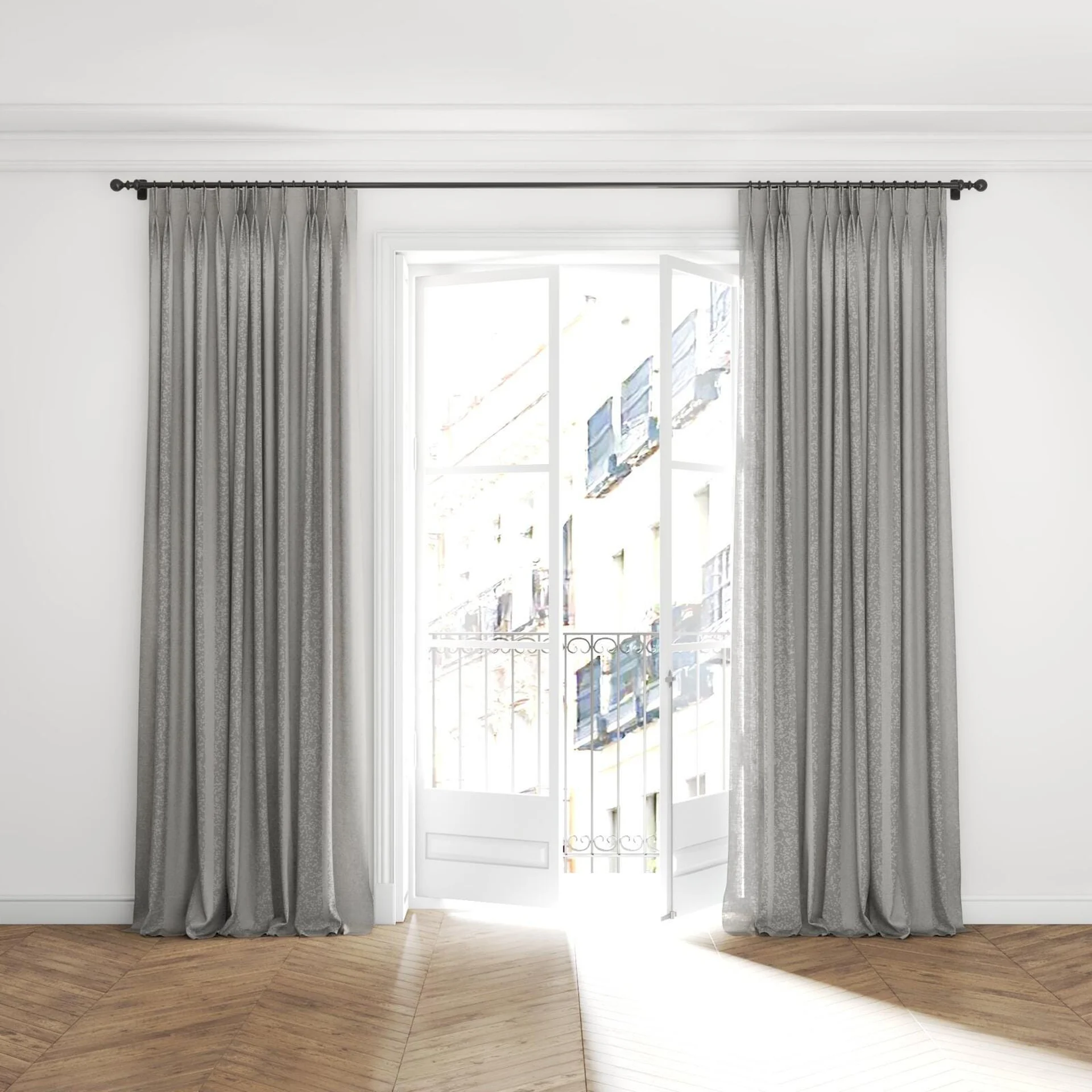 Full view of Adobe Stone, puddled with pinch pleat, on curtain rod