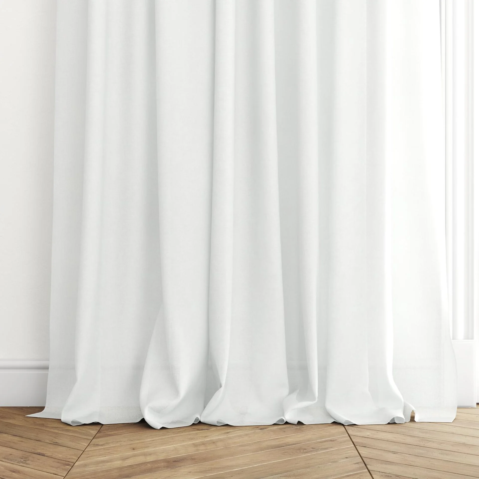 Bottom view of Pure Snow, puddled with pinch pleat, on curtain rod