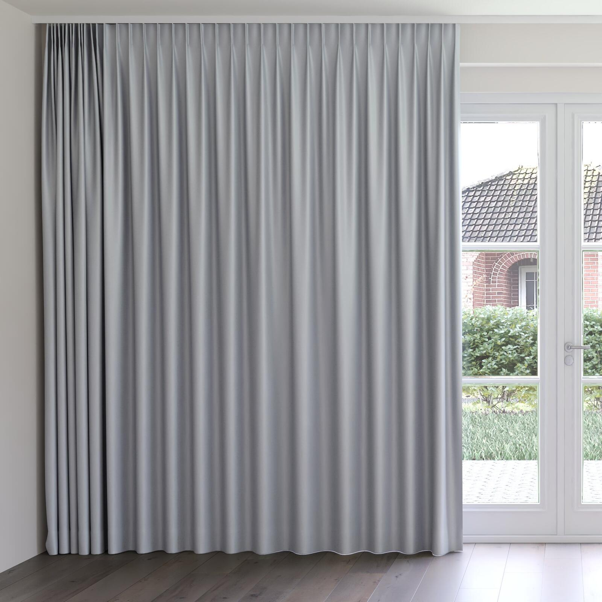 Front view of Stellar Blackout Steel, on curtain rail