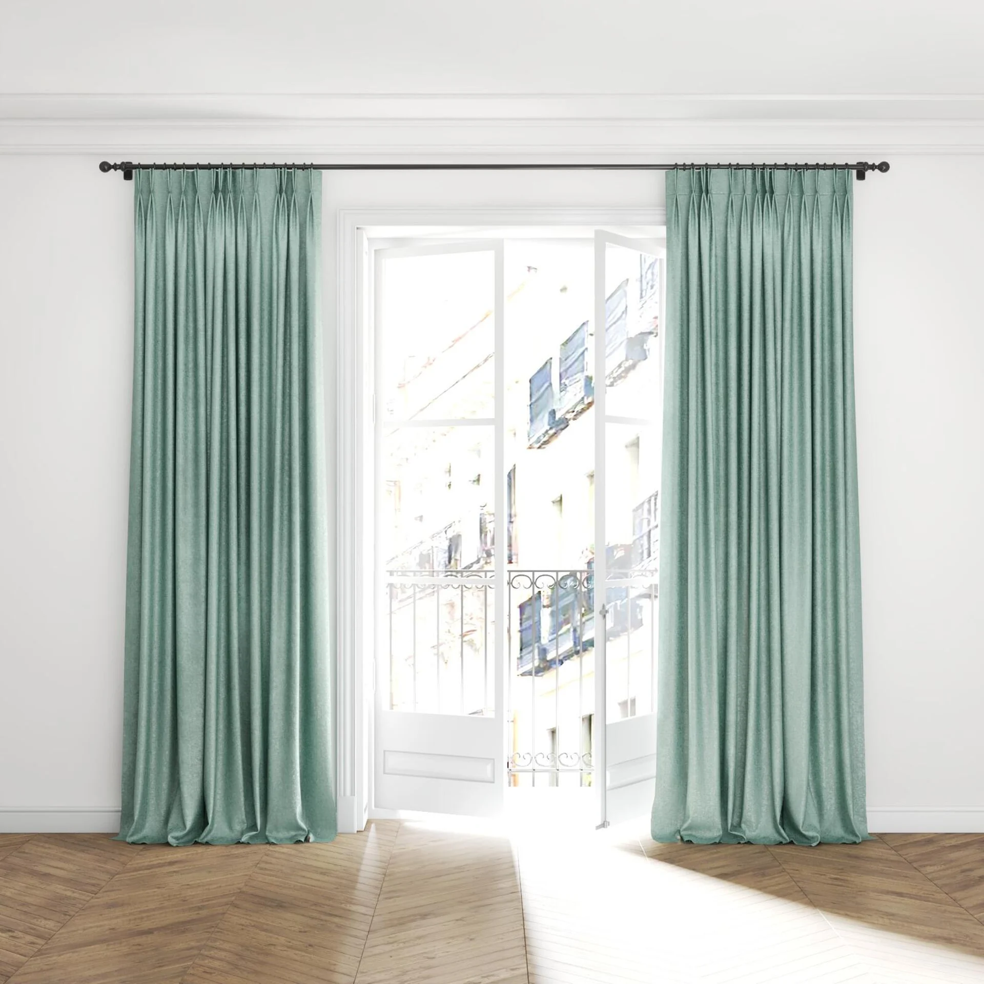 Full view of Hug Porcelain, puddled with pinch pleat, on curtain rod
