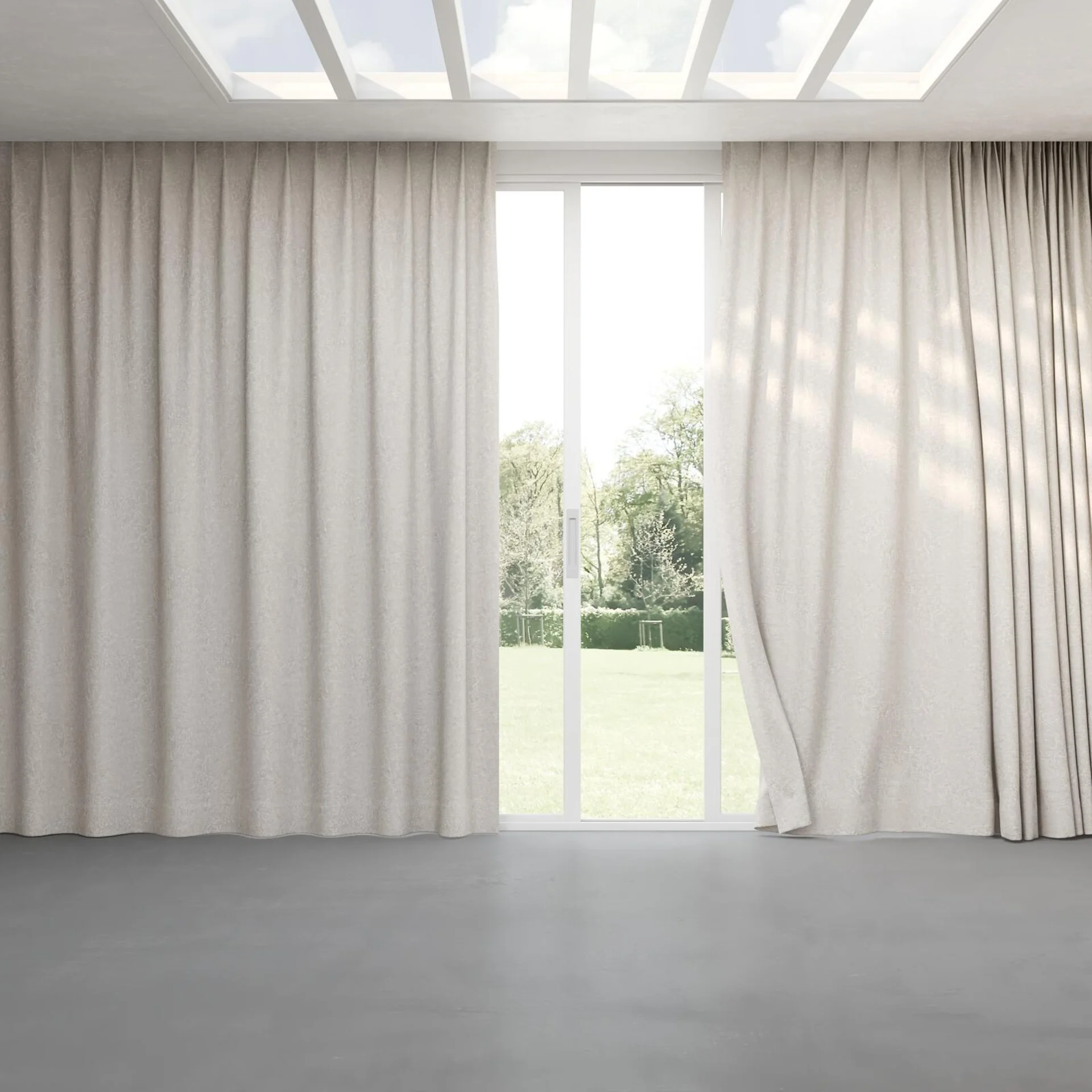 Full view of Azulejo Linen, pinch pleat