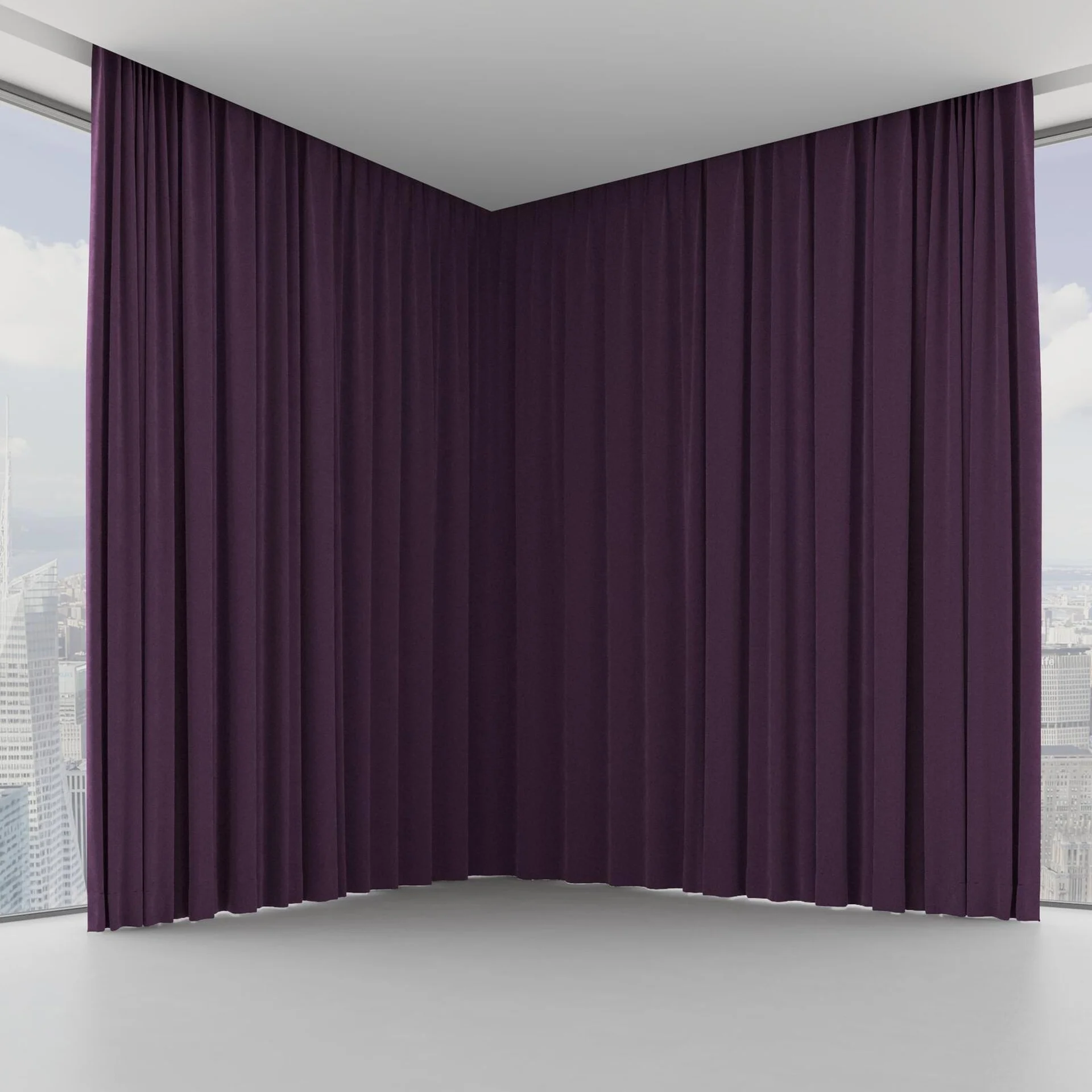 Front view of Lux Velvet Aubergine 8612, on hidden rail