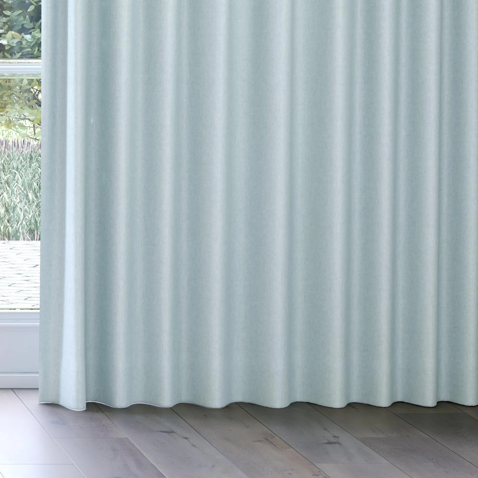 Bottom view of Hometown Aqua, on curtain rail