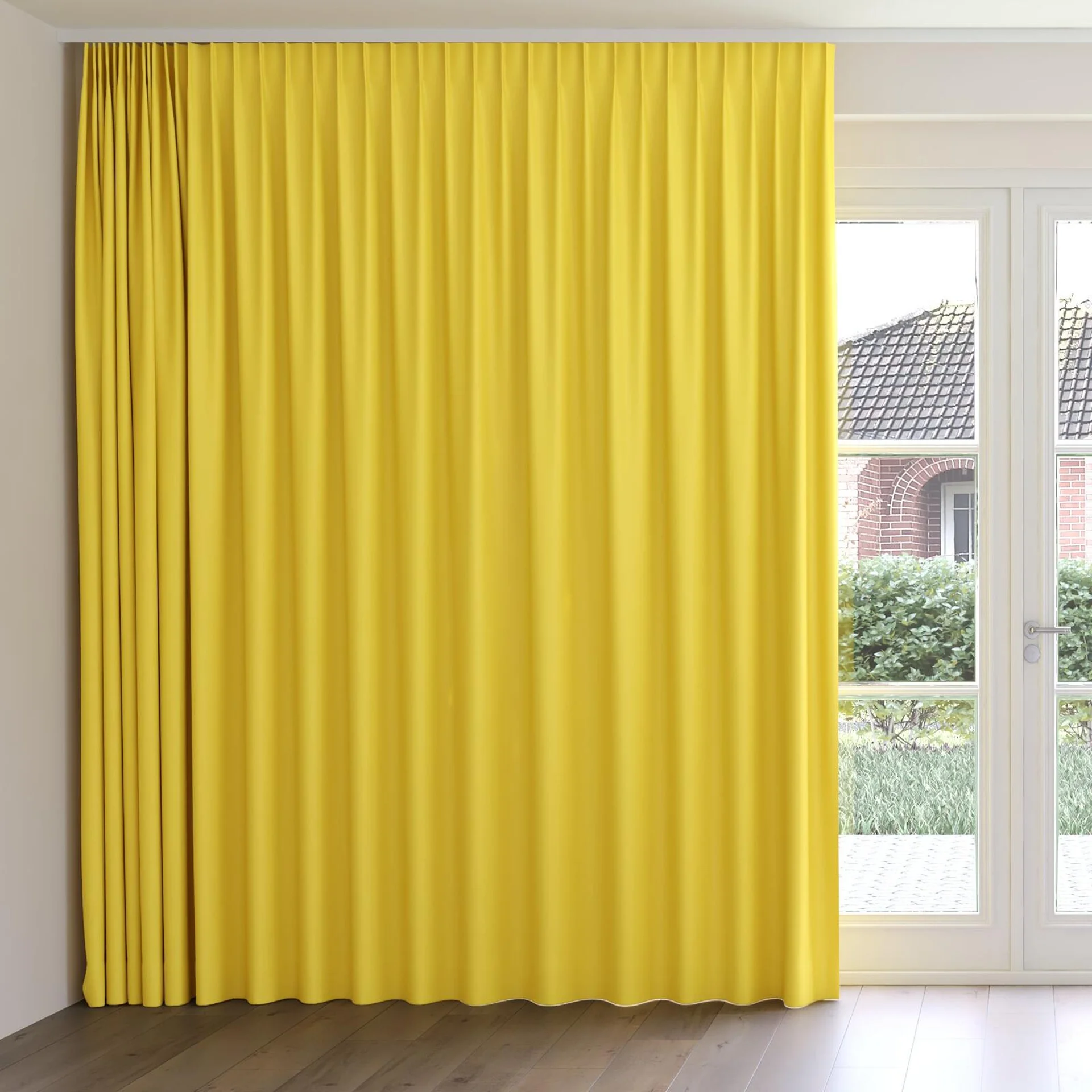 Front view of Blockbuster Buttercup, on curtain rail