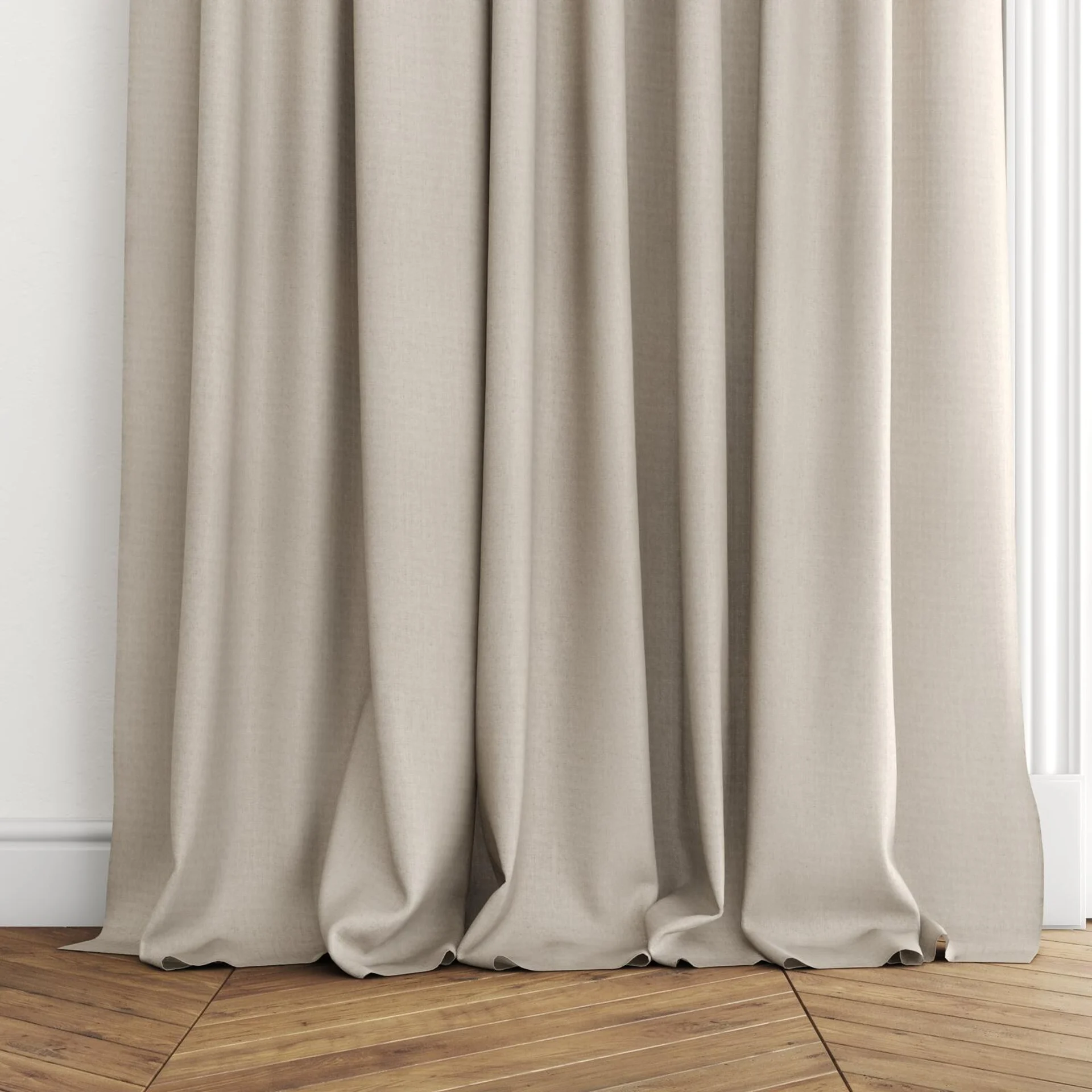 Bottom view of Crystal Plaza, puddled with pinch pleat, on curtain rod