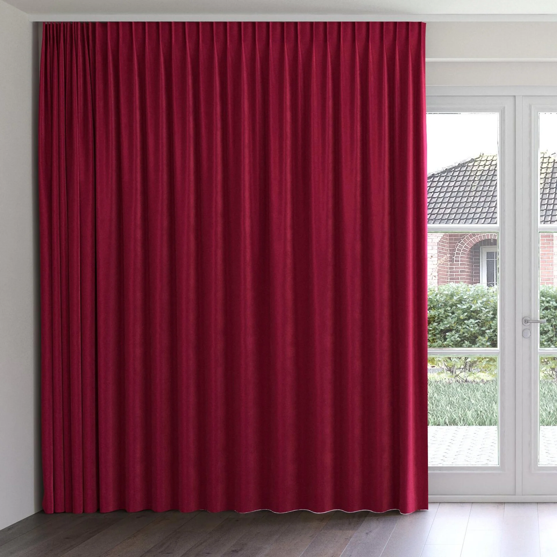 Front view of Velvelux Bordeaux, on curtain rail