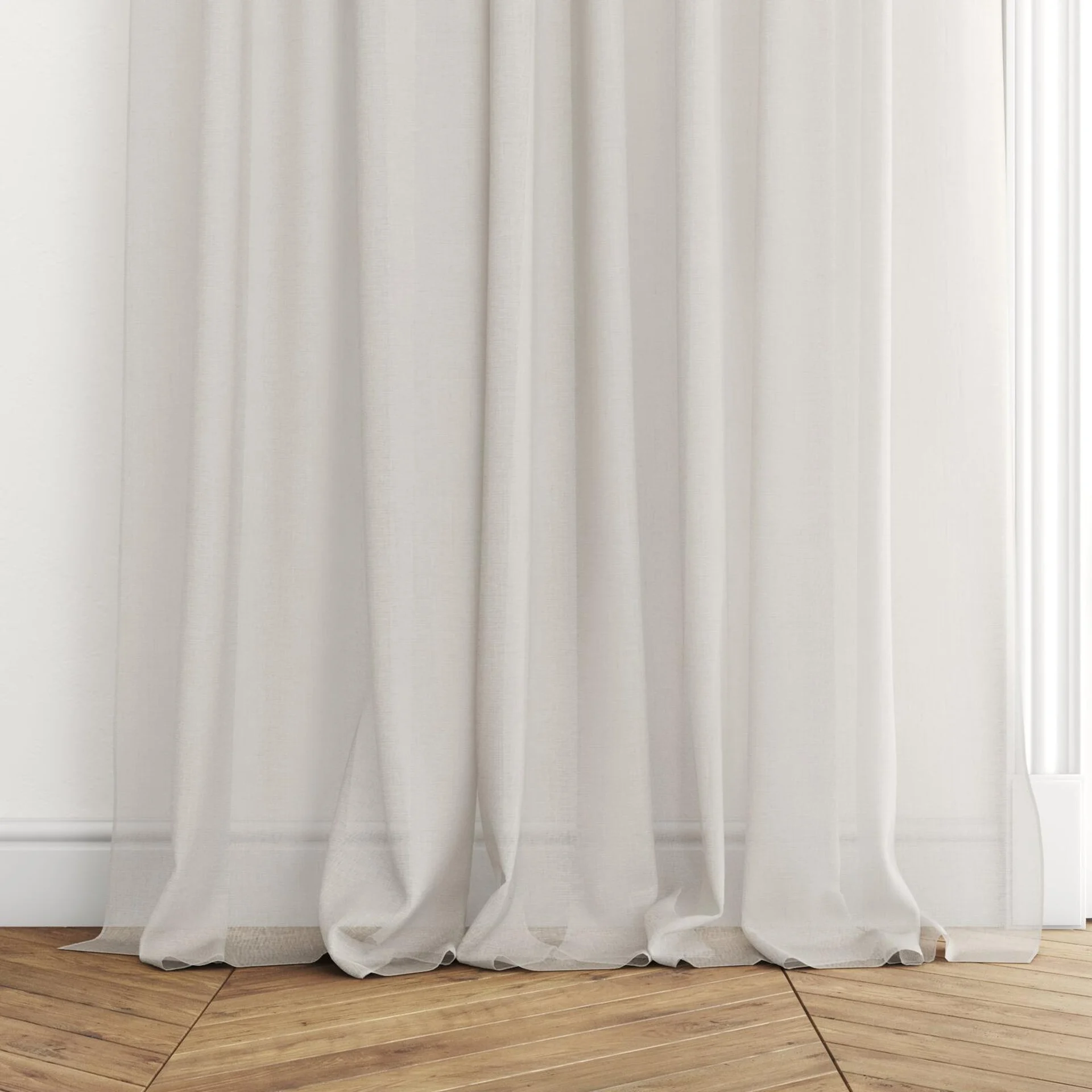 Bottom view of Antipodes Sand, puddled with pinch pleat, on curtain rod