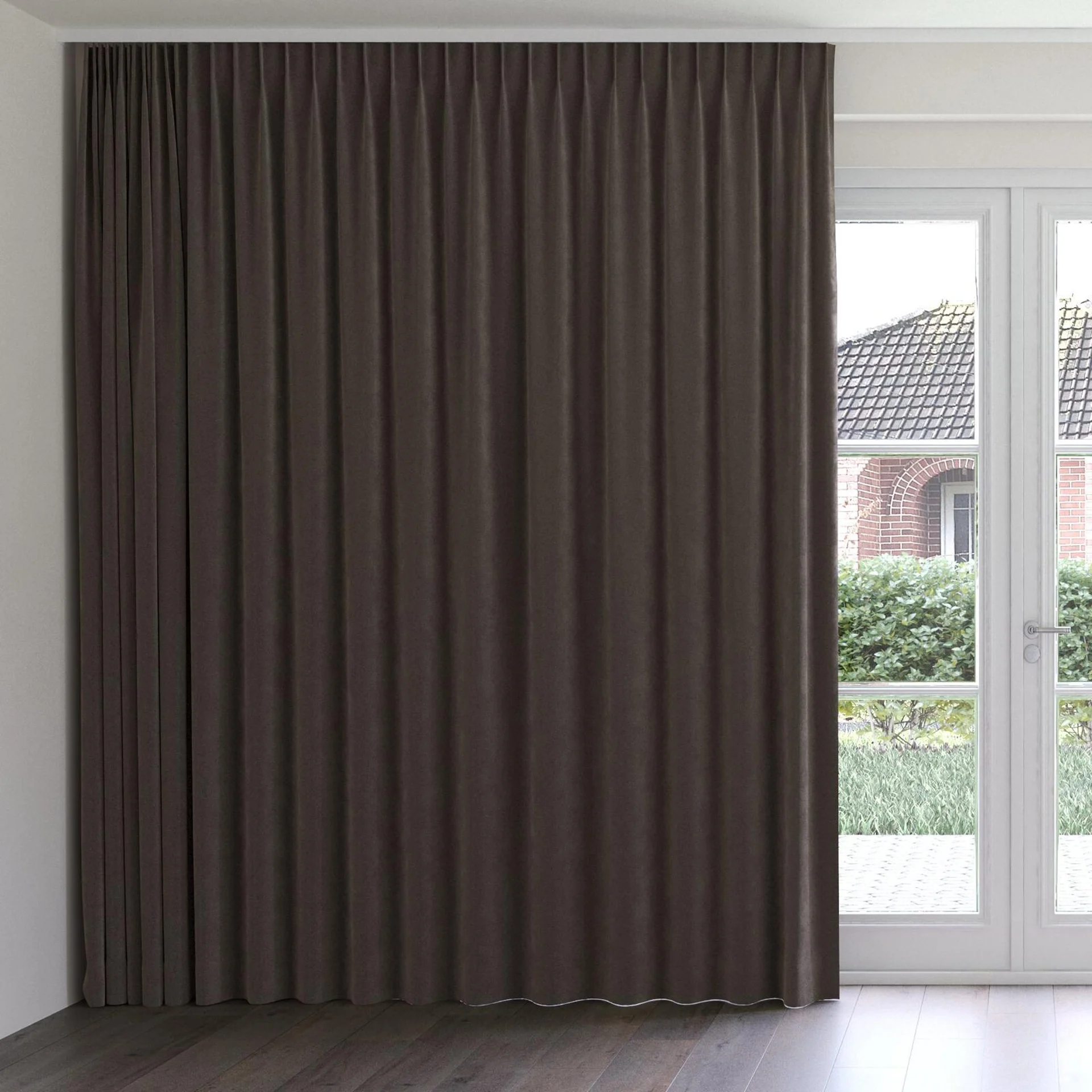 Front view of Lux Velvet Mocha 8705, on curtain rail