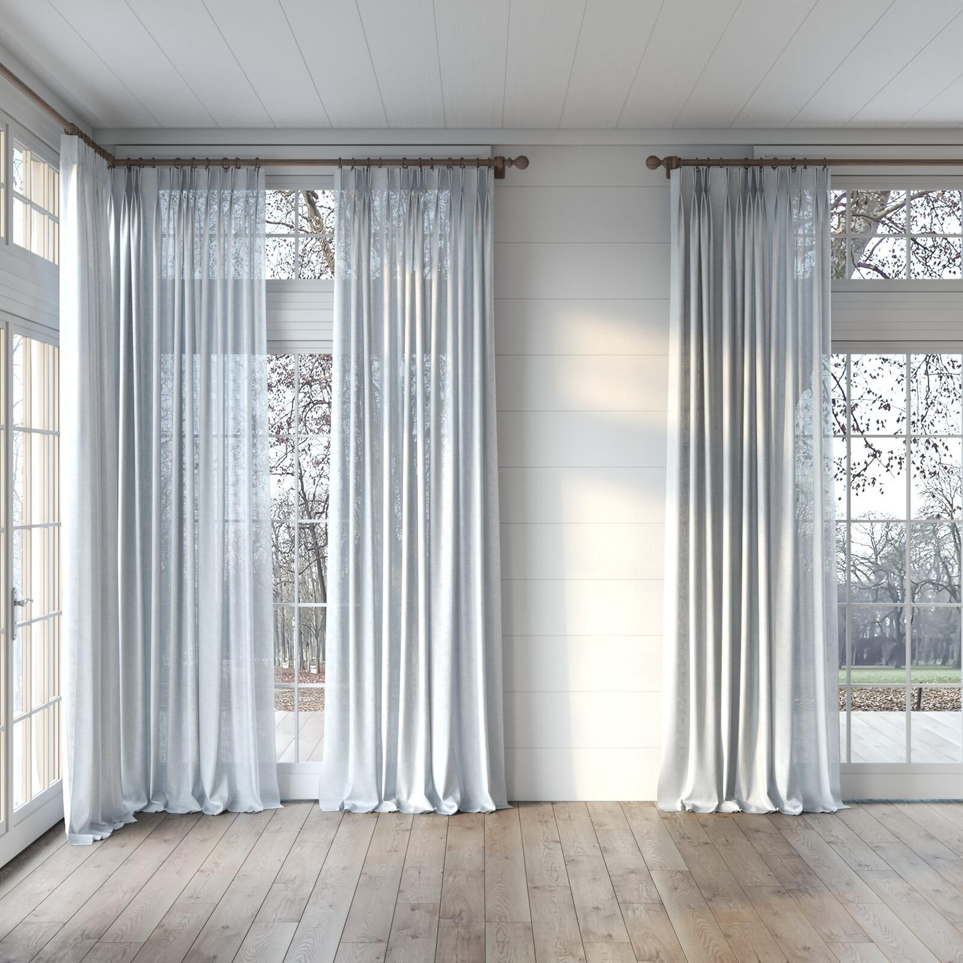 Full view of Charanga Sky, puddled, on curtain rod