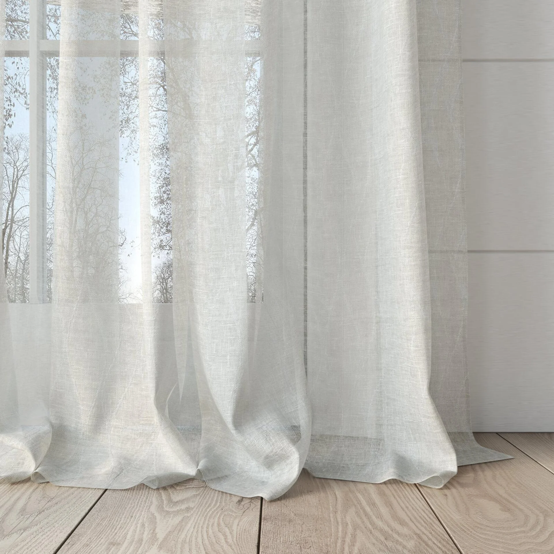 Bottom view of Henriette Pure, puddled, on curtain rod