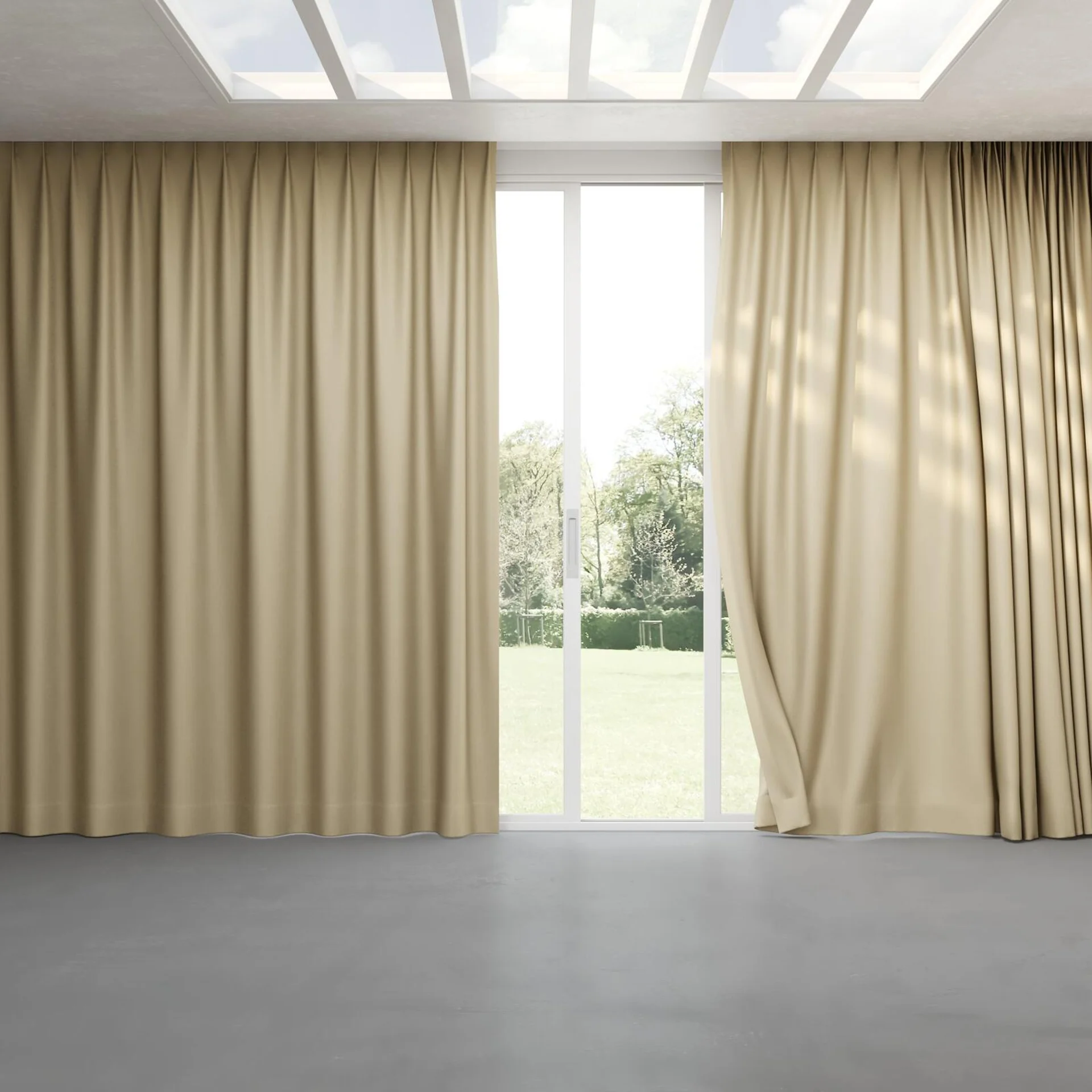 Full view of Grove Sand, pinch pleat