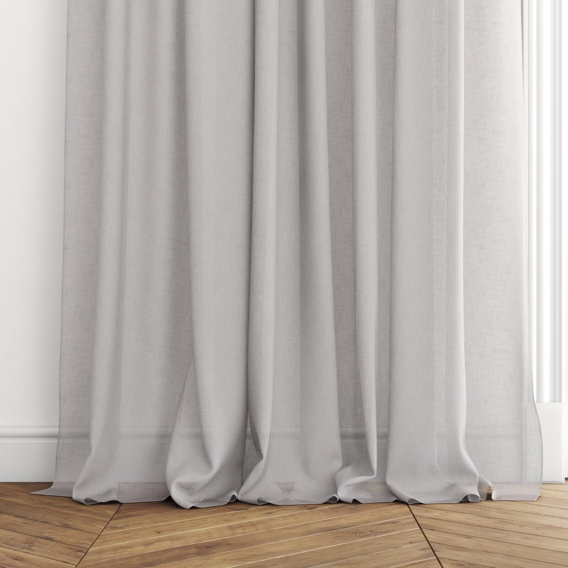 Bottom view of Cirrus Smoke, puddled with pinch pleat, on curtain rod