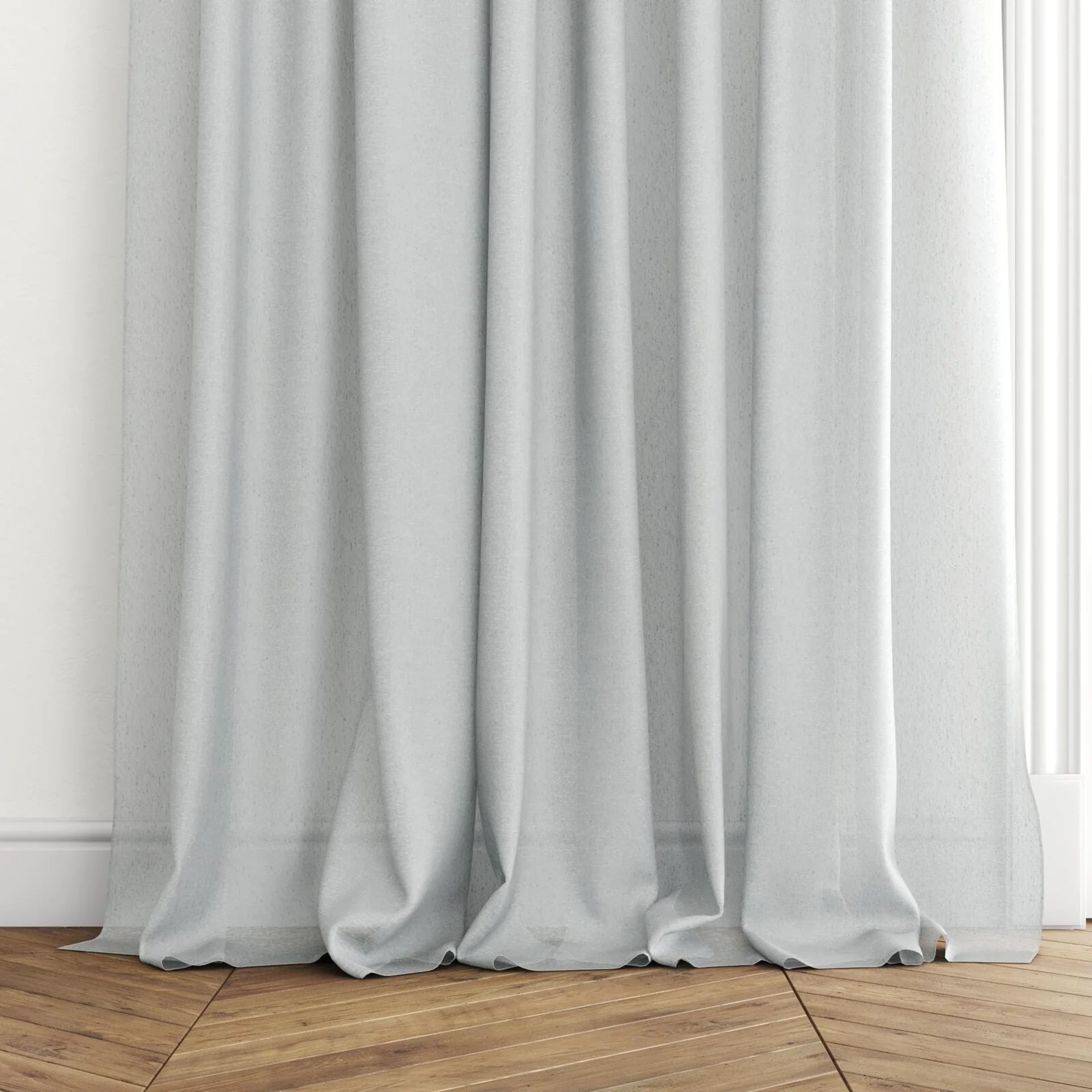 Bottom view of Sencha Mist, puddled with pinch pleat, on curtain rod