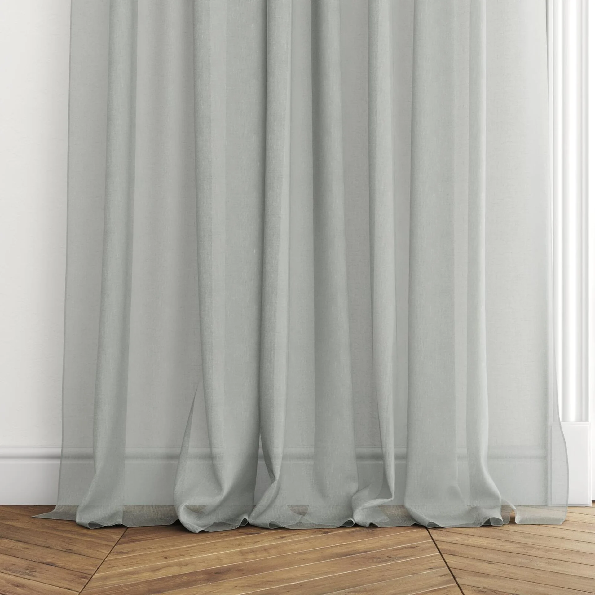 Bottom view of Graceful Duckegg, puddled with pinch pleat, on curtain rod