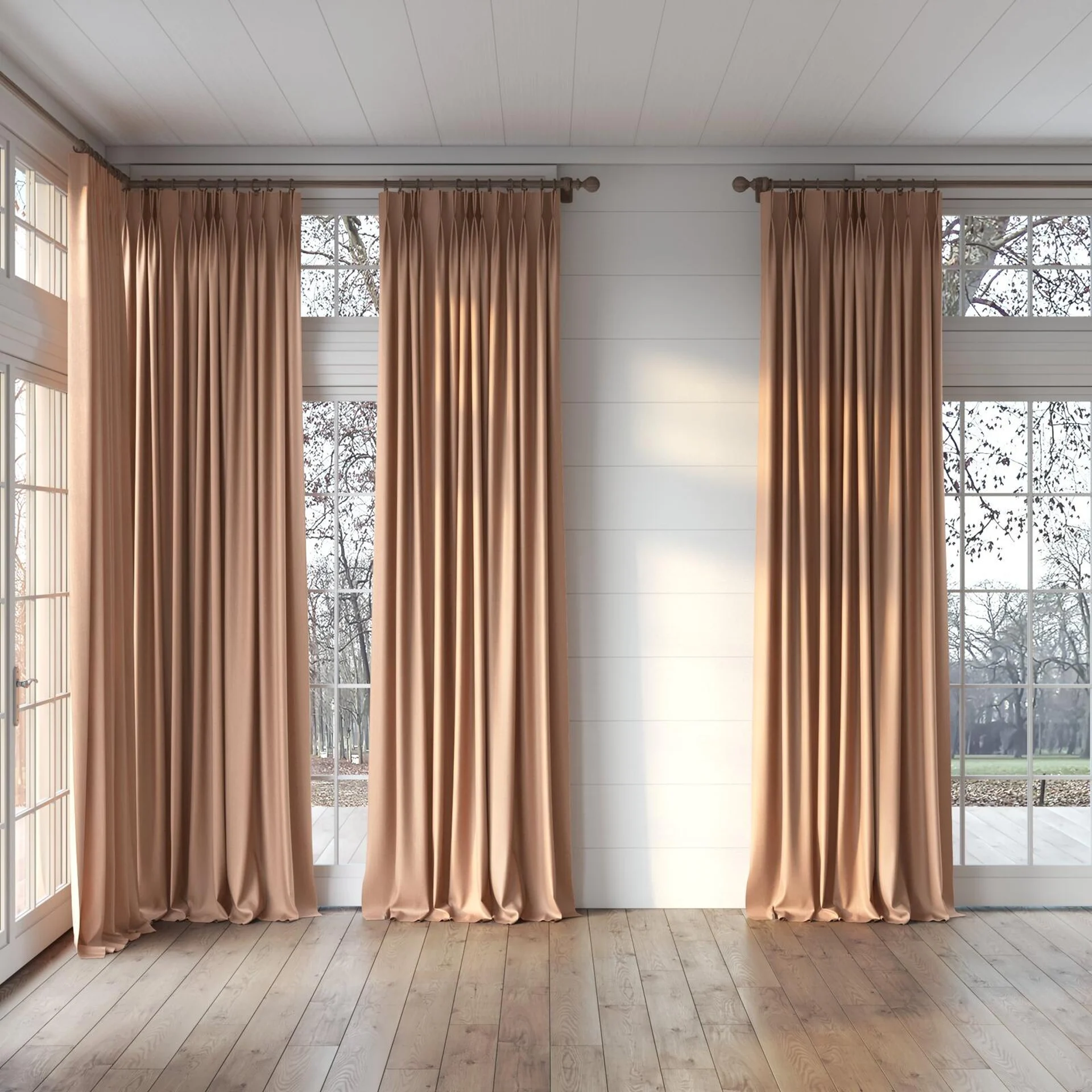 Full view of Excel Coral, puddled, on curtain rod