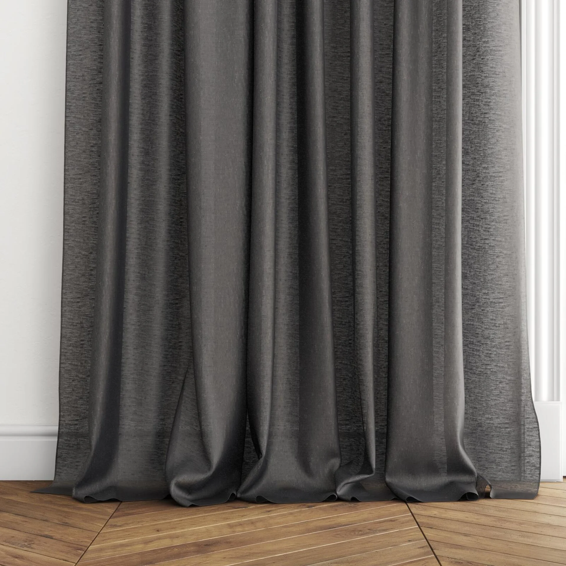 Bottom view of Laconia Air Obsidian, puddled with pinch pleat, on curtain rod