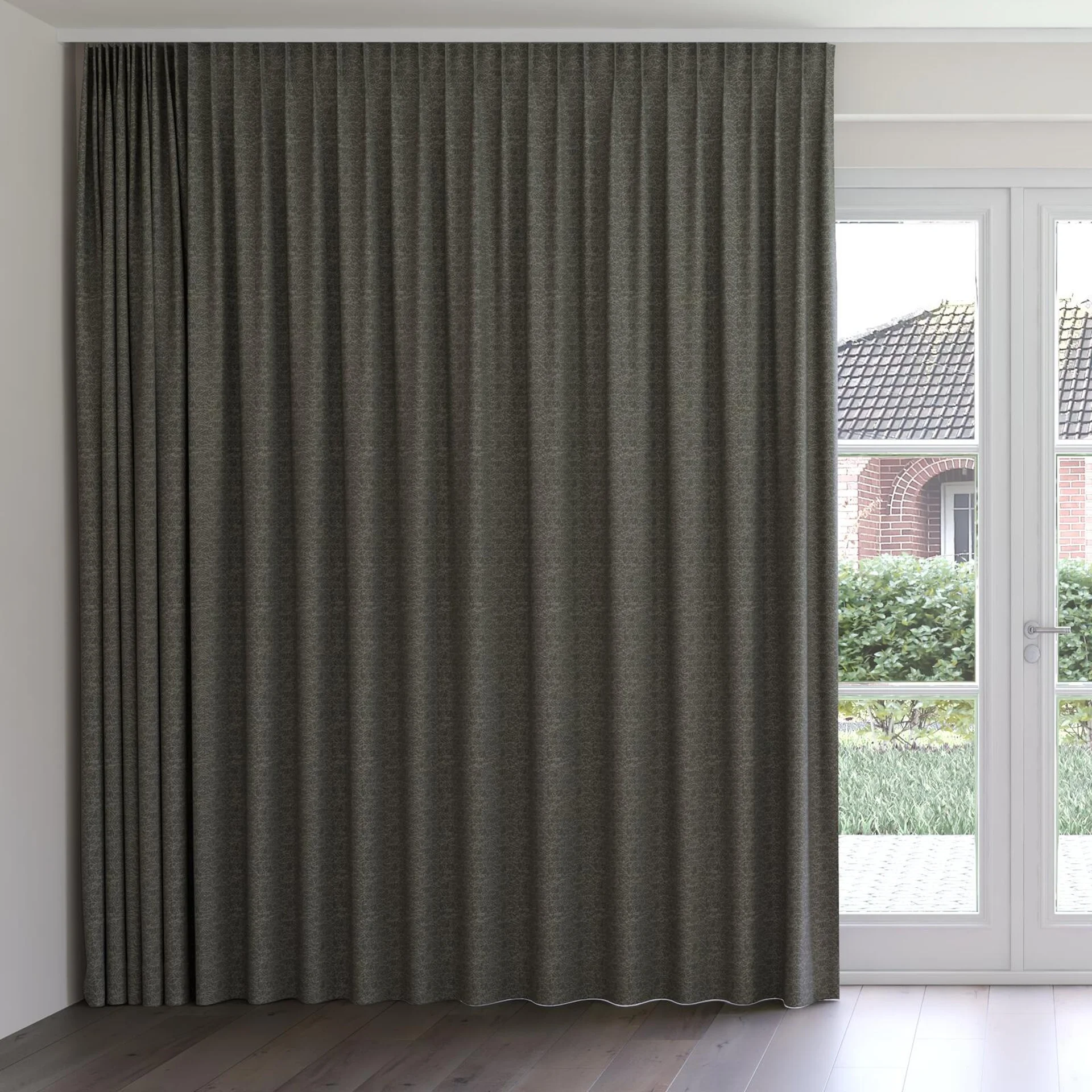 Front view of Laurel FR Blackout Shadow, on curtain rail