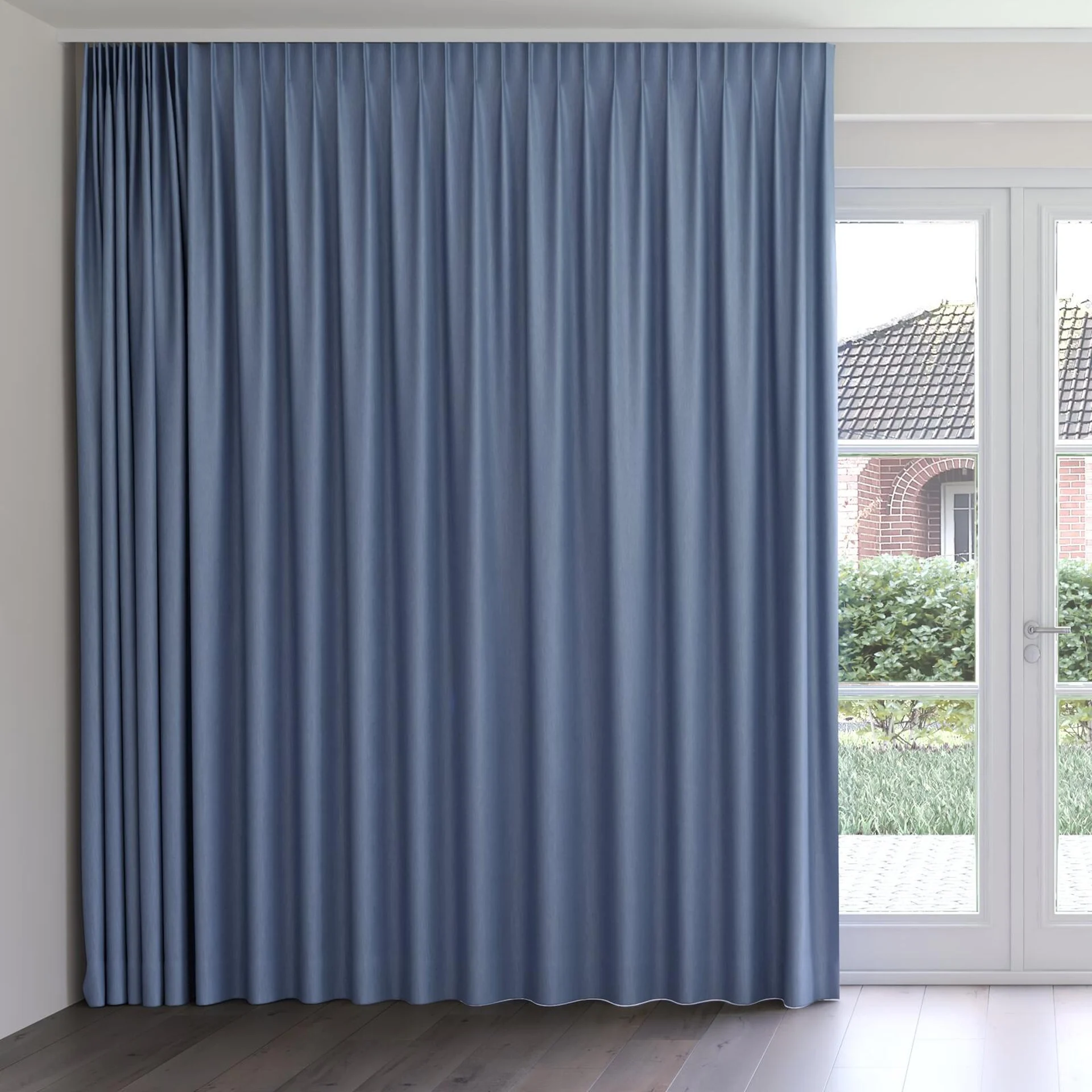 Front view of Cordoba Denim, on curtain rail