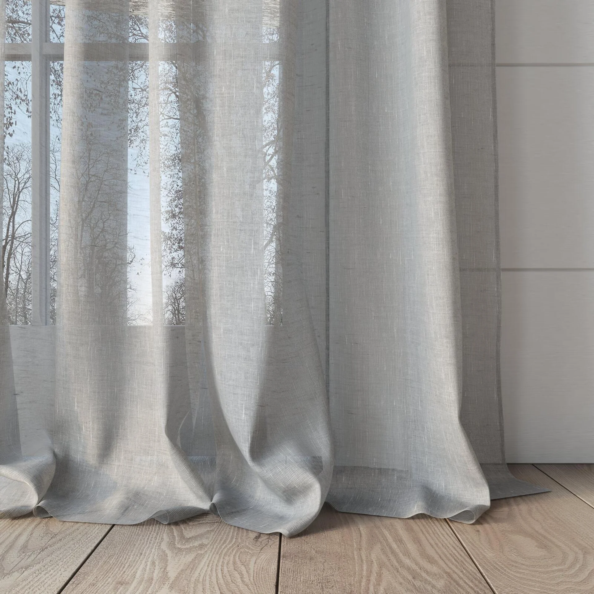 Bottom view of Enso Dove Grey, puddled, on curtain rod