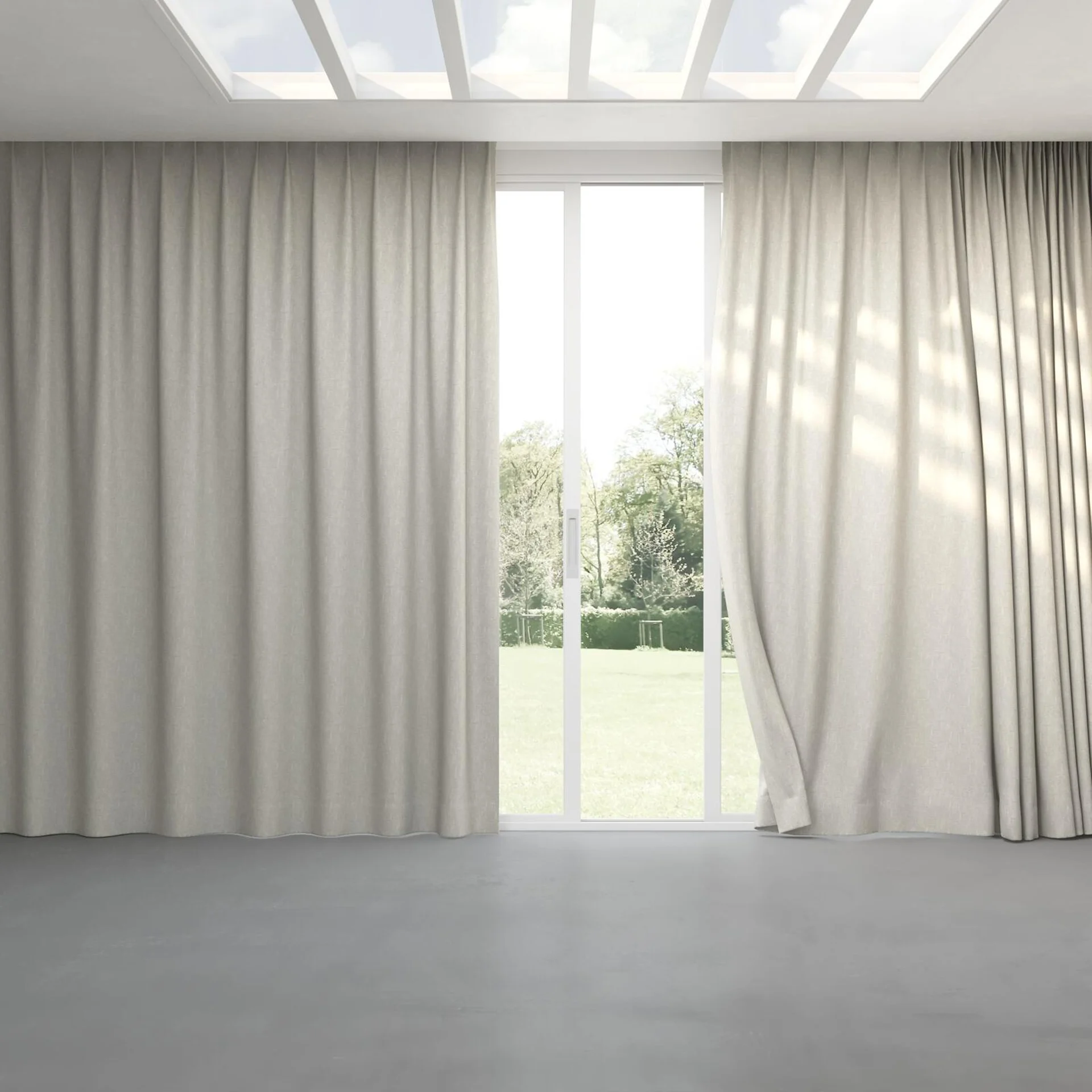 Full view of Retreat II Warm Grey, pinch pleat